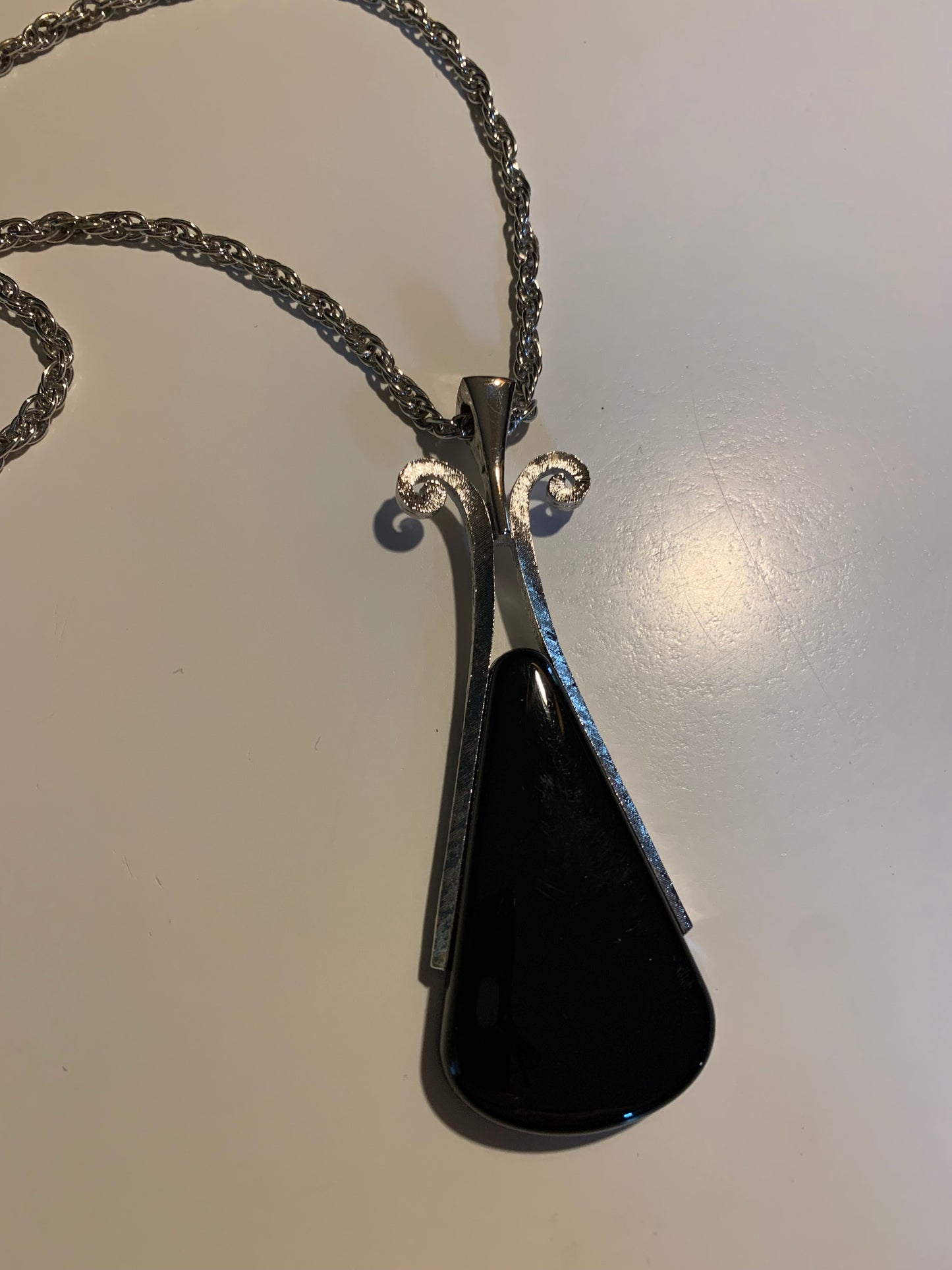 Black Enameled Silver Geometric LONG Pendant Necklace circa 1970s
