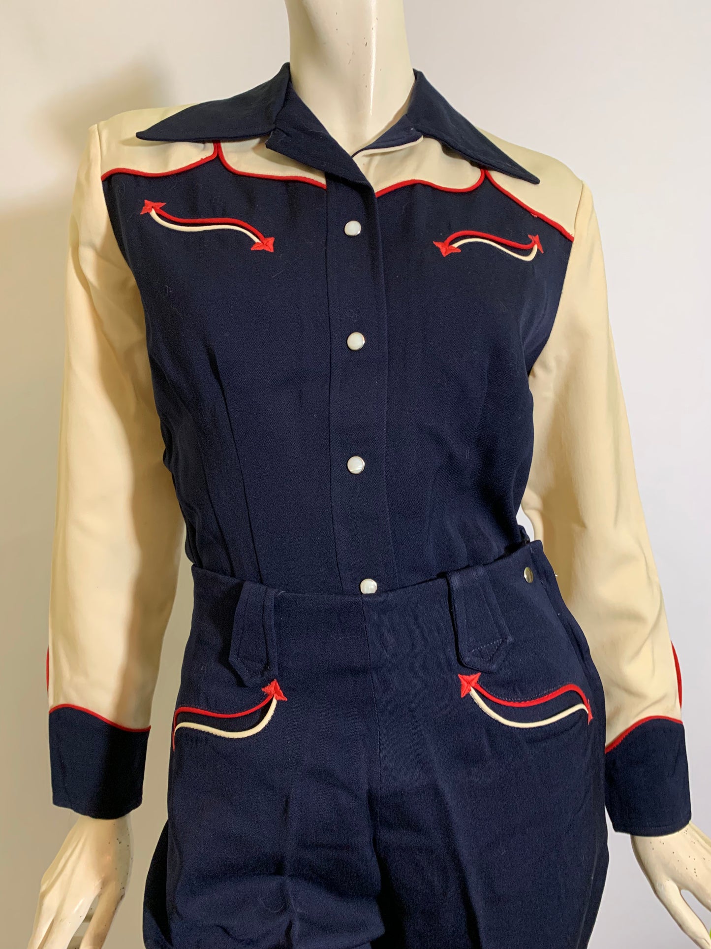 Iconic Deep Blue Gabardine Western 2 Pc Set with Red and Off White Accents circa 1940s