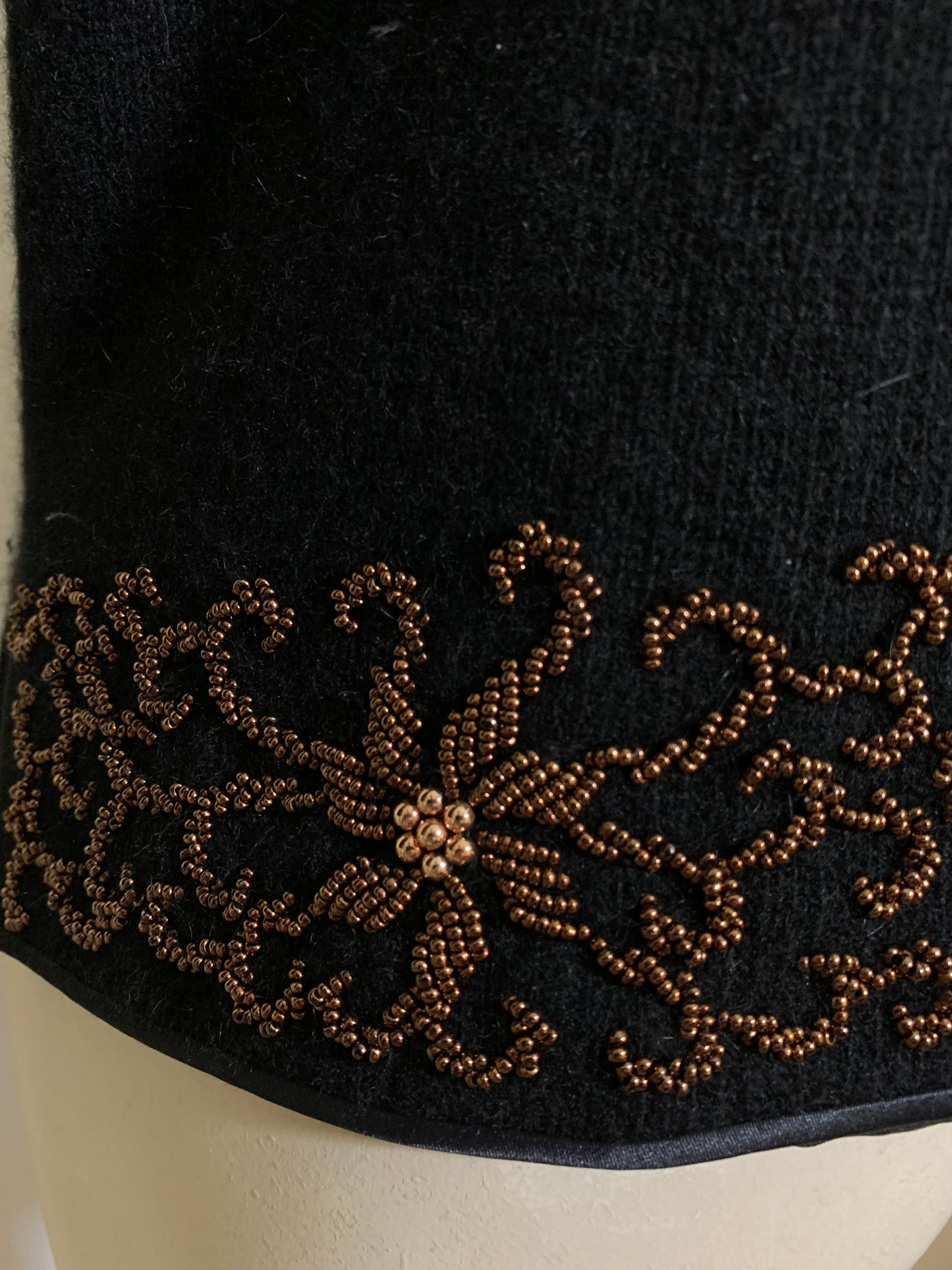 Jet Black Cardigan Sweater with Copper Beaded Flowers circa 1960s