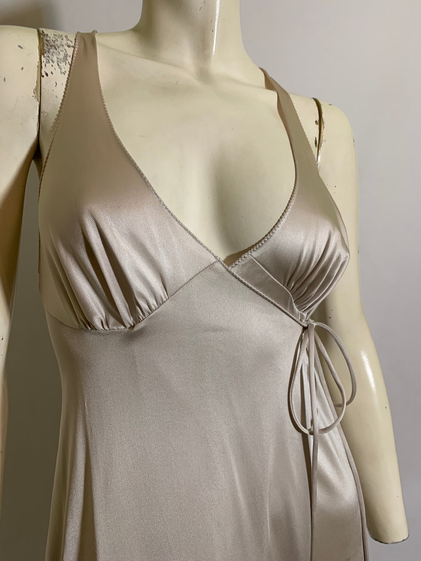 Silvery Grey Wrap Front Slinky Nylon Nightgown circa 1970s