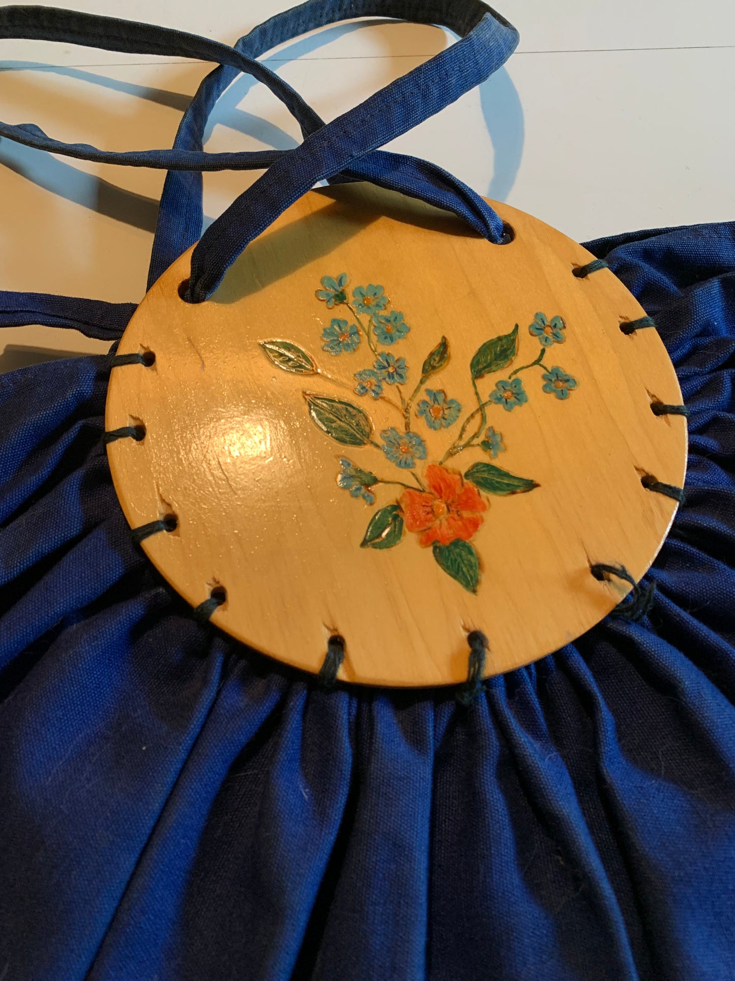 Blue Canvas and Etched Painted Wood Mexican Beach "Bonnie Bag" circa 1930s
