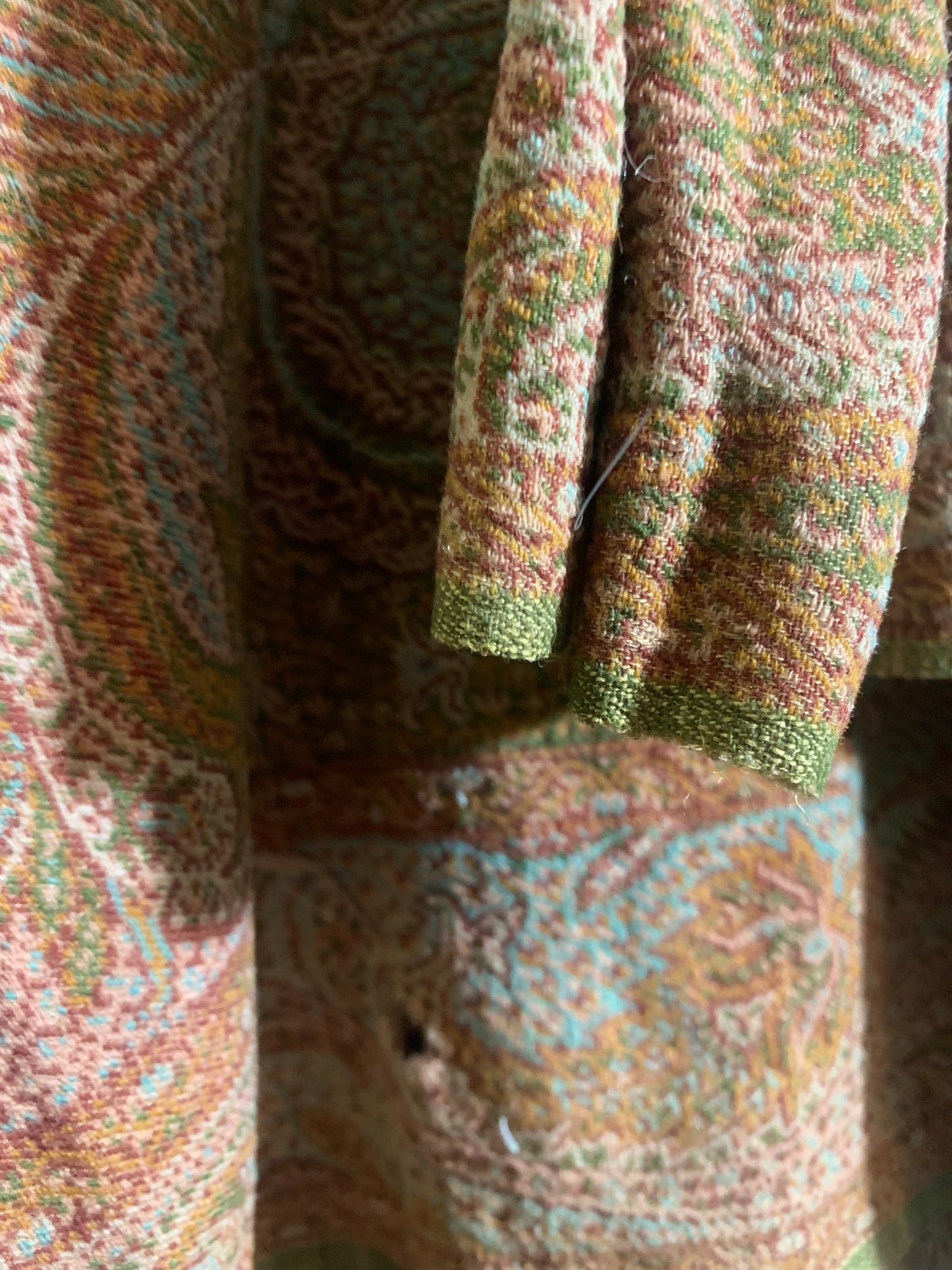 Turn of the Century Sage Green and Terra Cotta Paisley Brocade Wool Shawl circa 1900