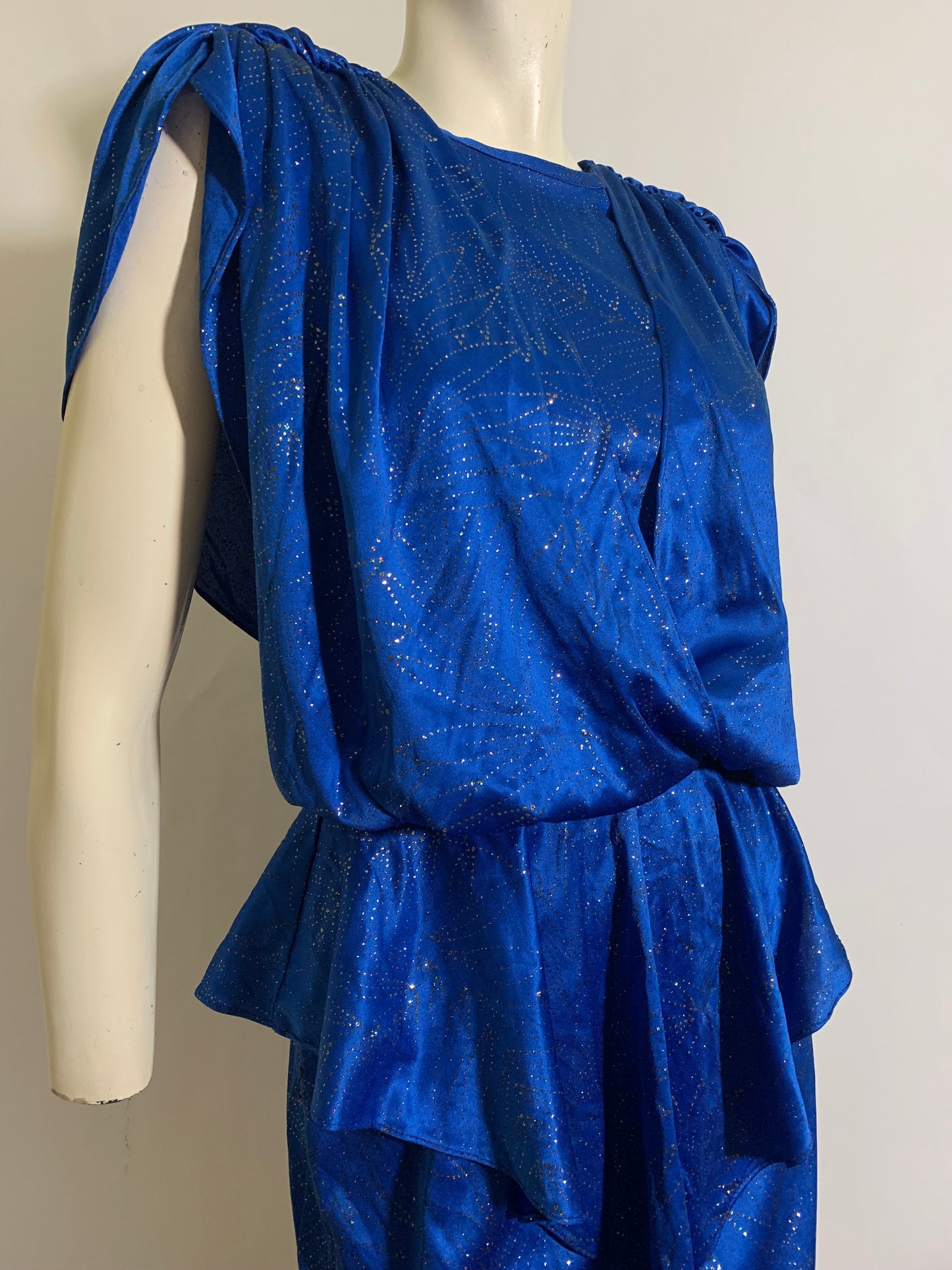 Glittery Royal Blue Draped Disco Dress Low Back circa 1980s