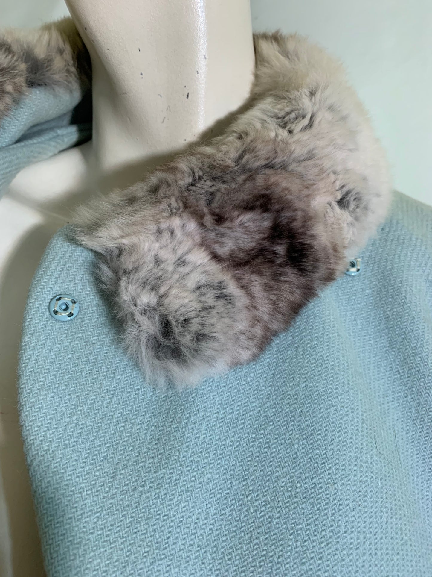 Robin's Egg Blue Wool Boxy Cut Jacket Chinchilla Fur Collar and Cuffs circa 1960s