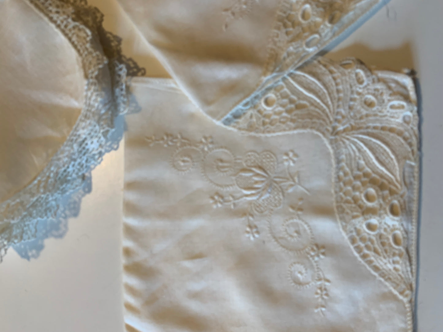 2 Pale Ivory Cotton Handkerchiefs with Lace or Tatting circa 1950s