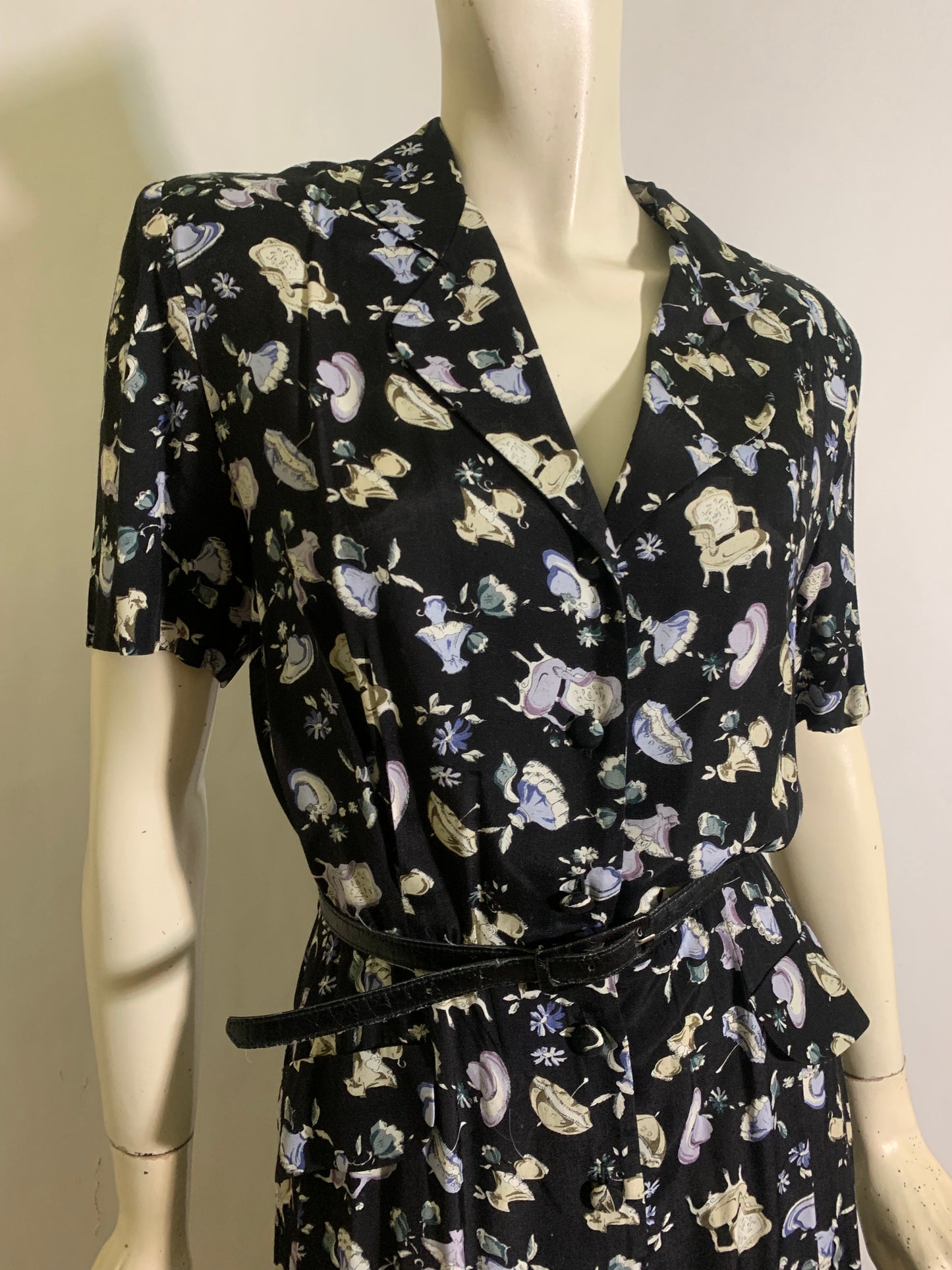 Victorian Lifestyle Novelty Print Rayon 40s Style Dress circa 1980s
