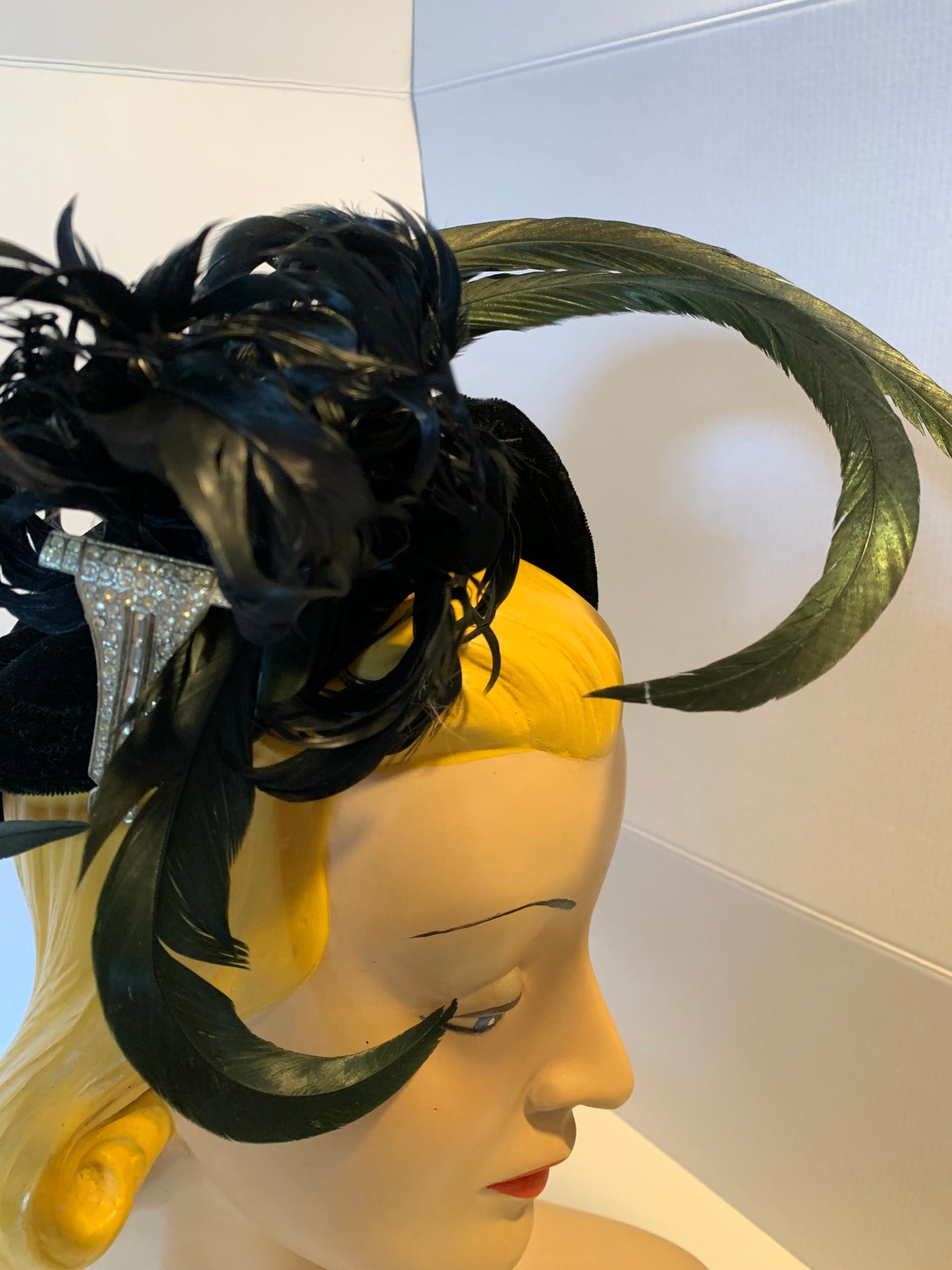 Demi Goddess Reimagined Velvet Cocktail Hat with Iridescent and Black Feathers Rhinestone Accent