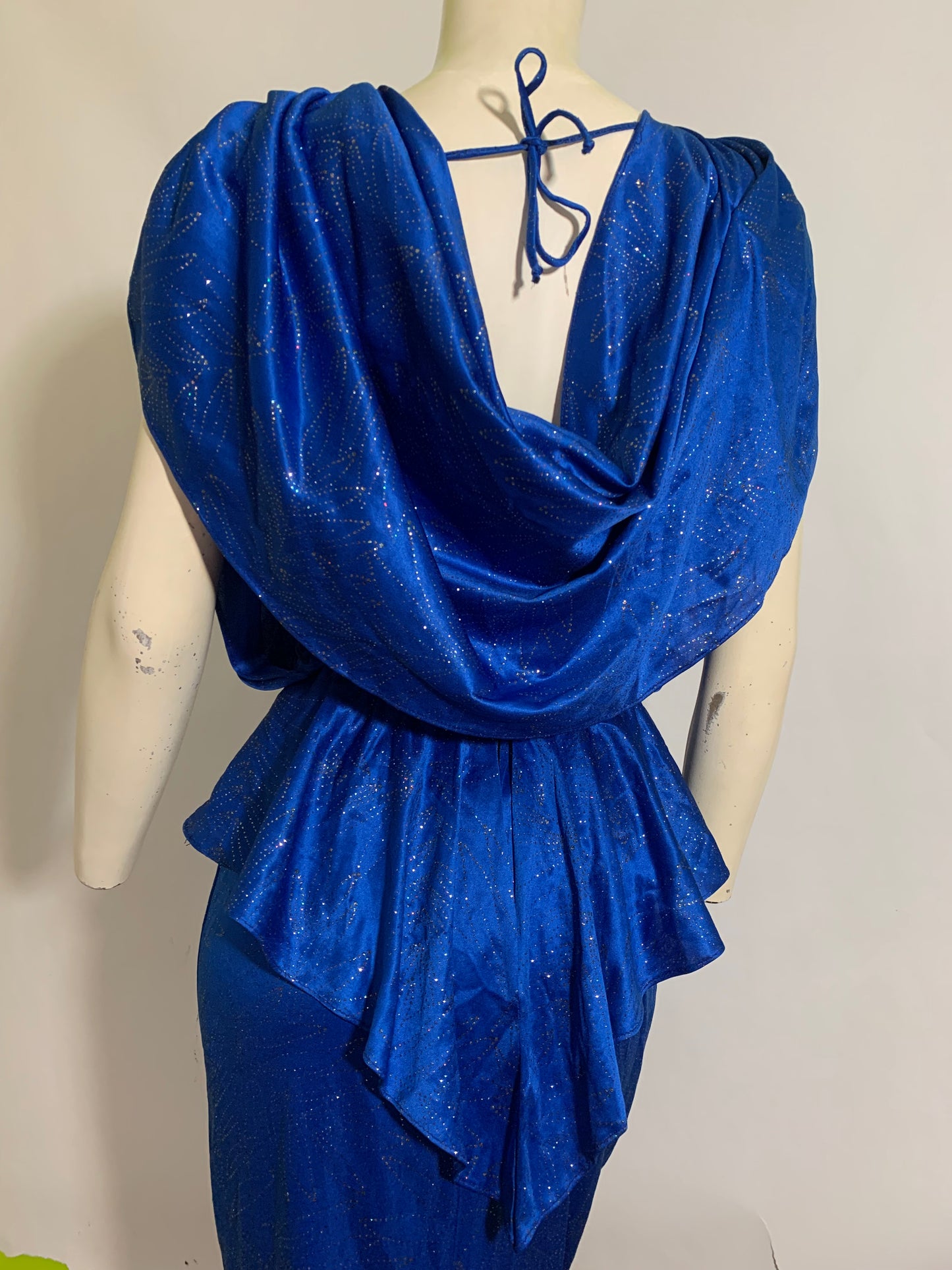 Glittery Royal Blue Draped Disco Dress Low Back circa 1980s
