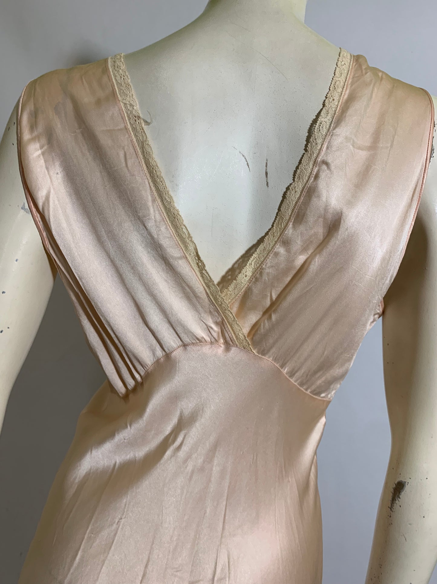 Lace Trimmed Peach Silk Bias Cut Nightgown circa 1930s