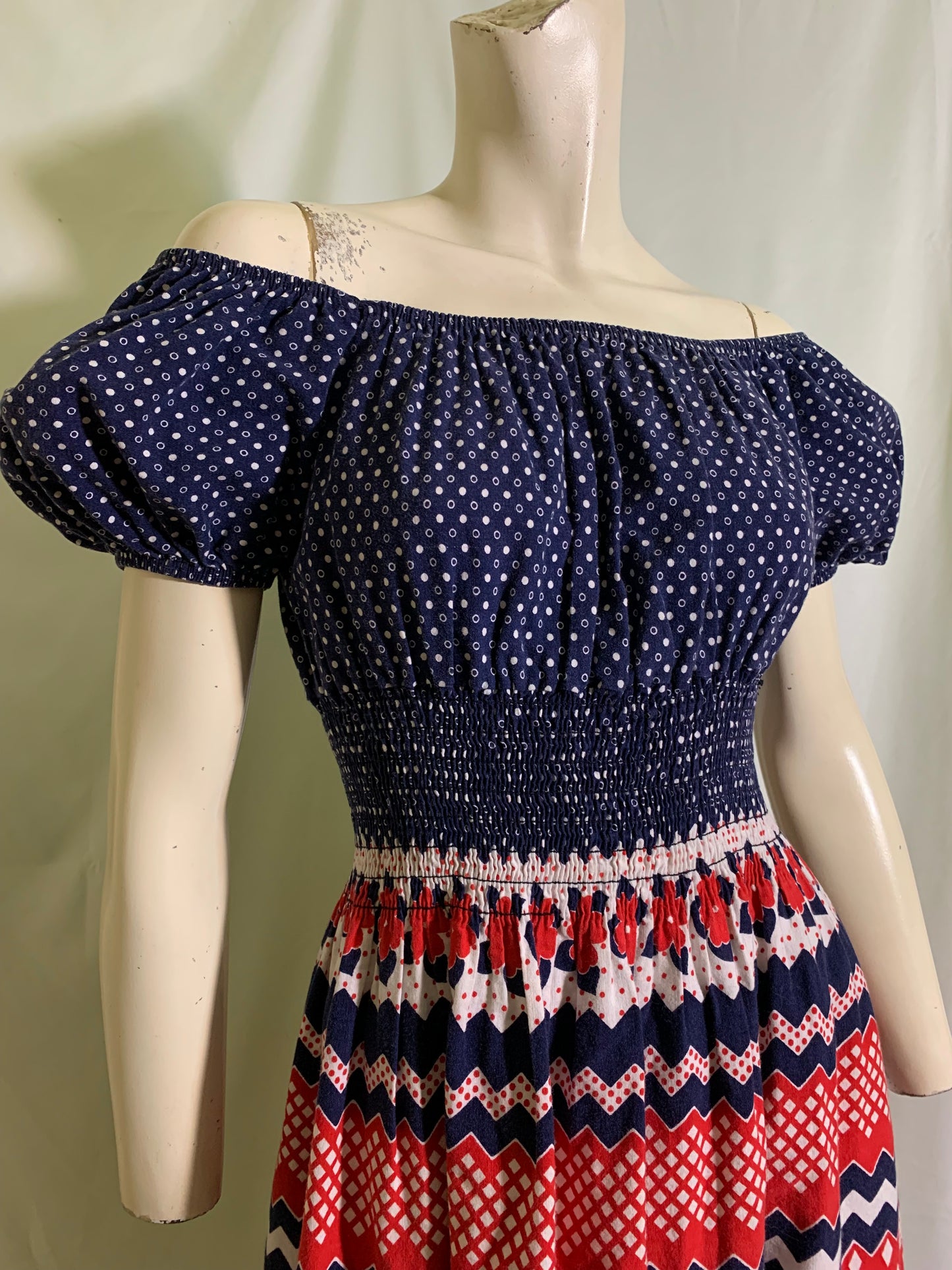 Perky Little Red White and Blue Smocked Bodice Mini Dress circa 1970s