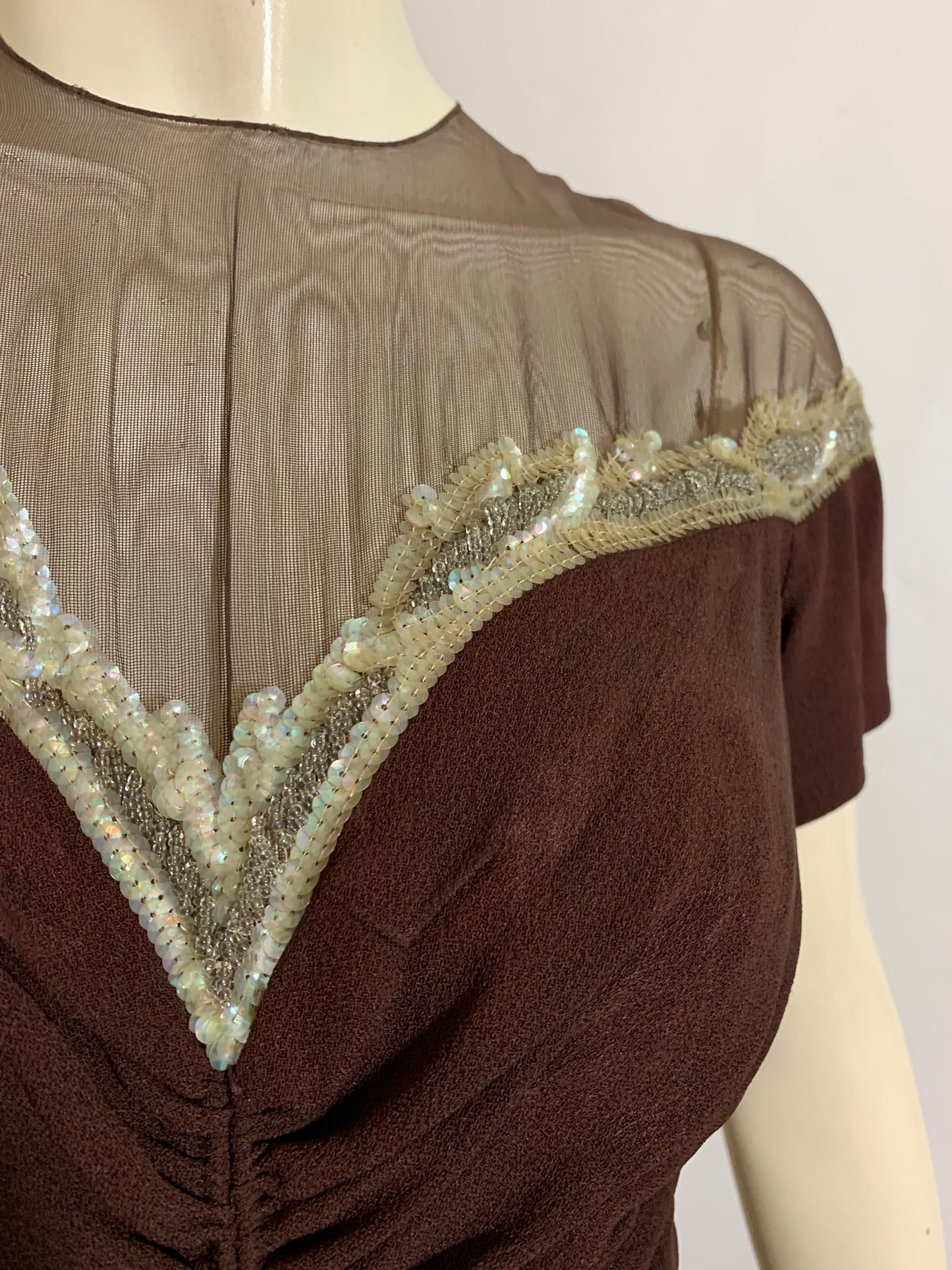 Hot Cocoa Colored Crepe Rayon Ruched Front Evening Dress with Beads and Sequins circa 1940s