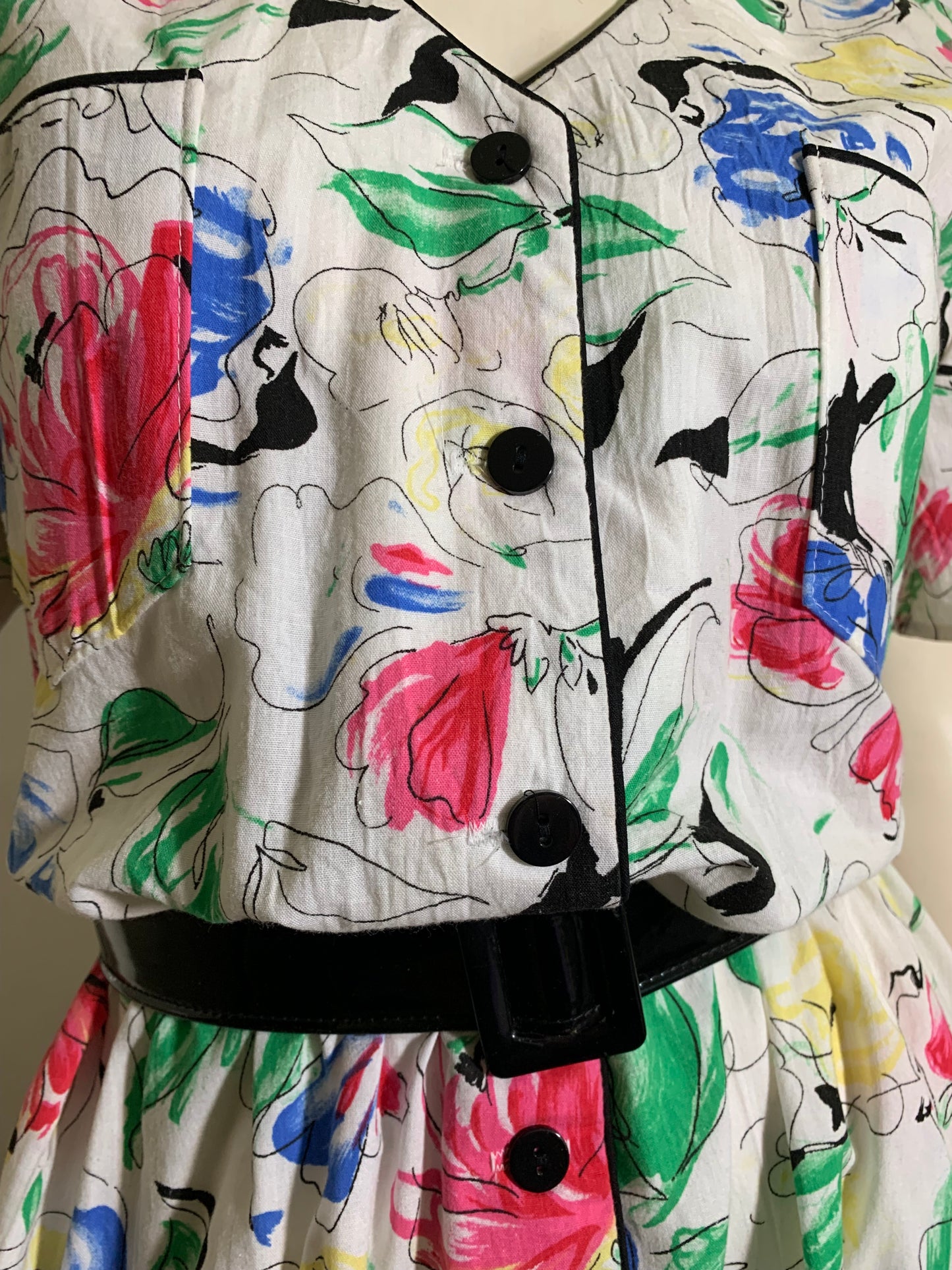 Sketchwork Bright Flower Print Cotton Dress circa 1980s