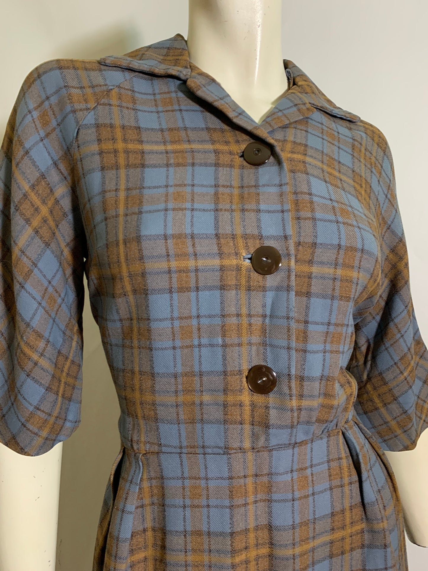 Chic Blue and Mocha Wool Plaid Shirtwaist Dress circa 1950s