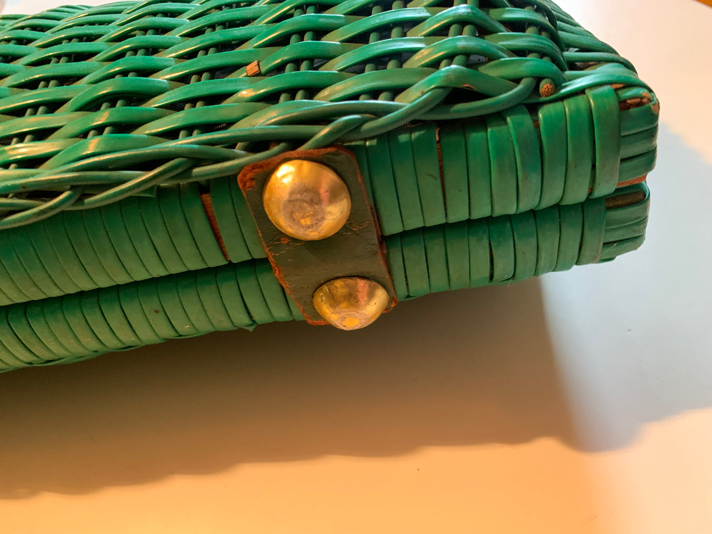 Fresh Green Painted Wicker Handbag Metal Handles Kiss Lock circa 1960s