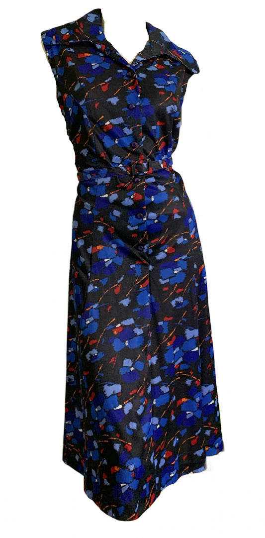 Dark Blue Abstract Art Print Sleeveless Dress circa 1970s