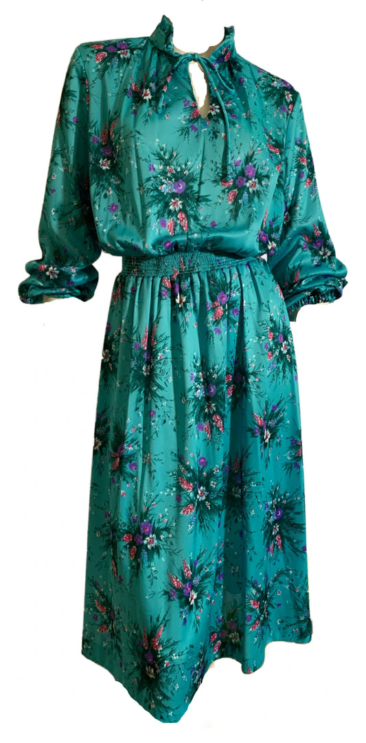 Aqua Blue Floral Print Blouson Dress circa 1970s