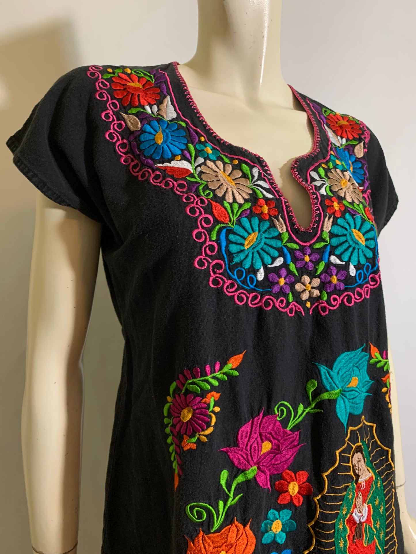 Our Lady of Guadalupe Embroidered Mexican Mini Dress Tunic circa 1970s