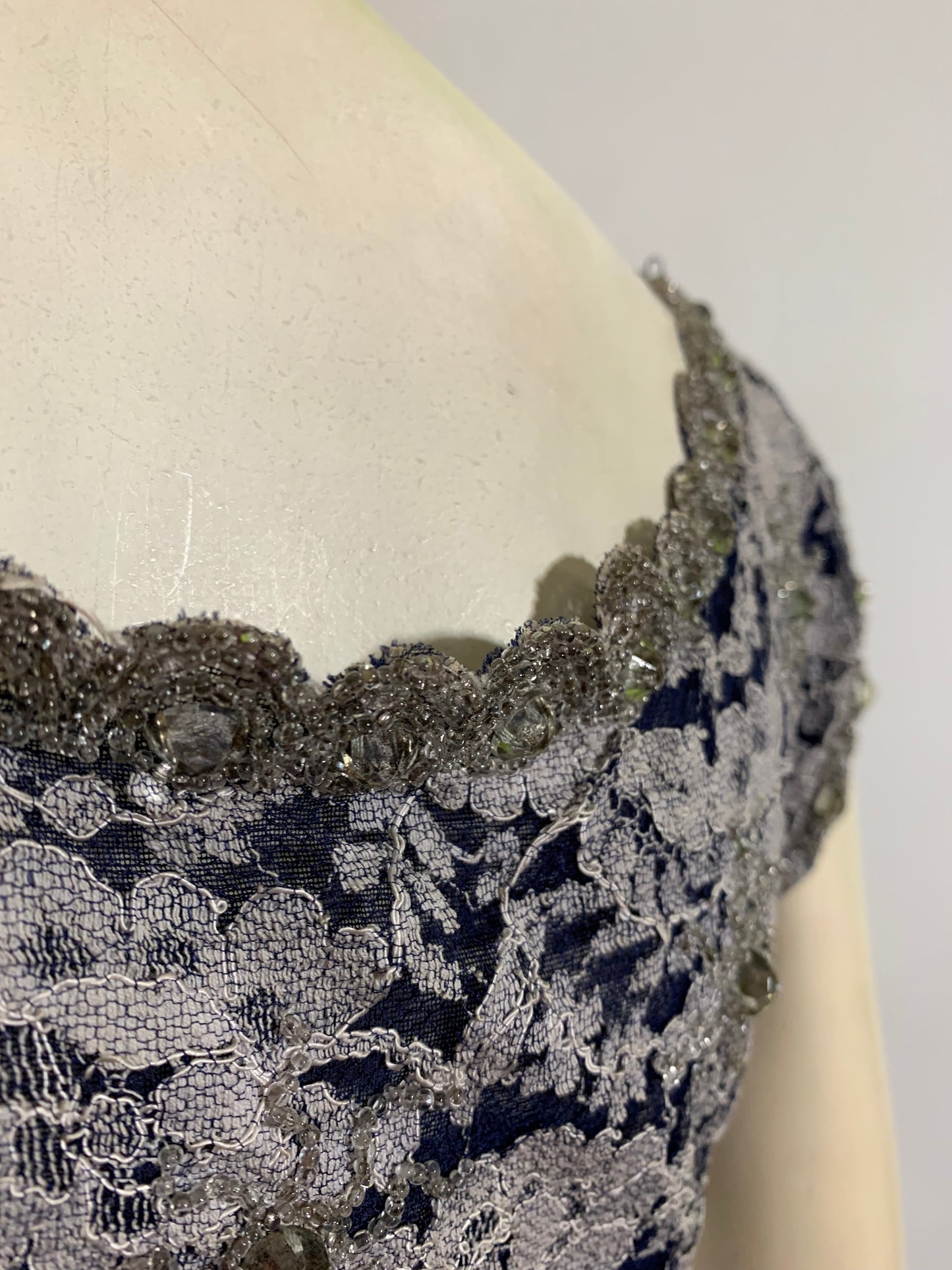 Deep Blue and White Lace Full Skirt Party Dress with Beading and Rhinestones circa 1950s