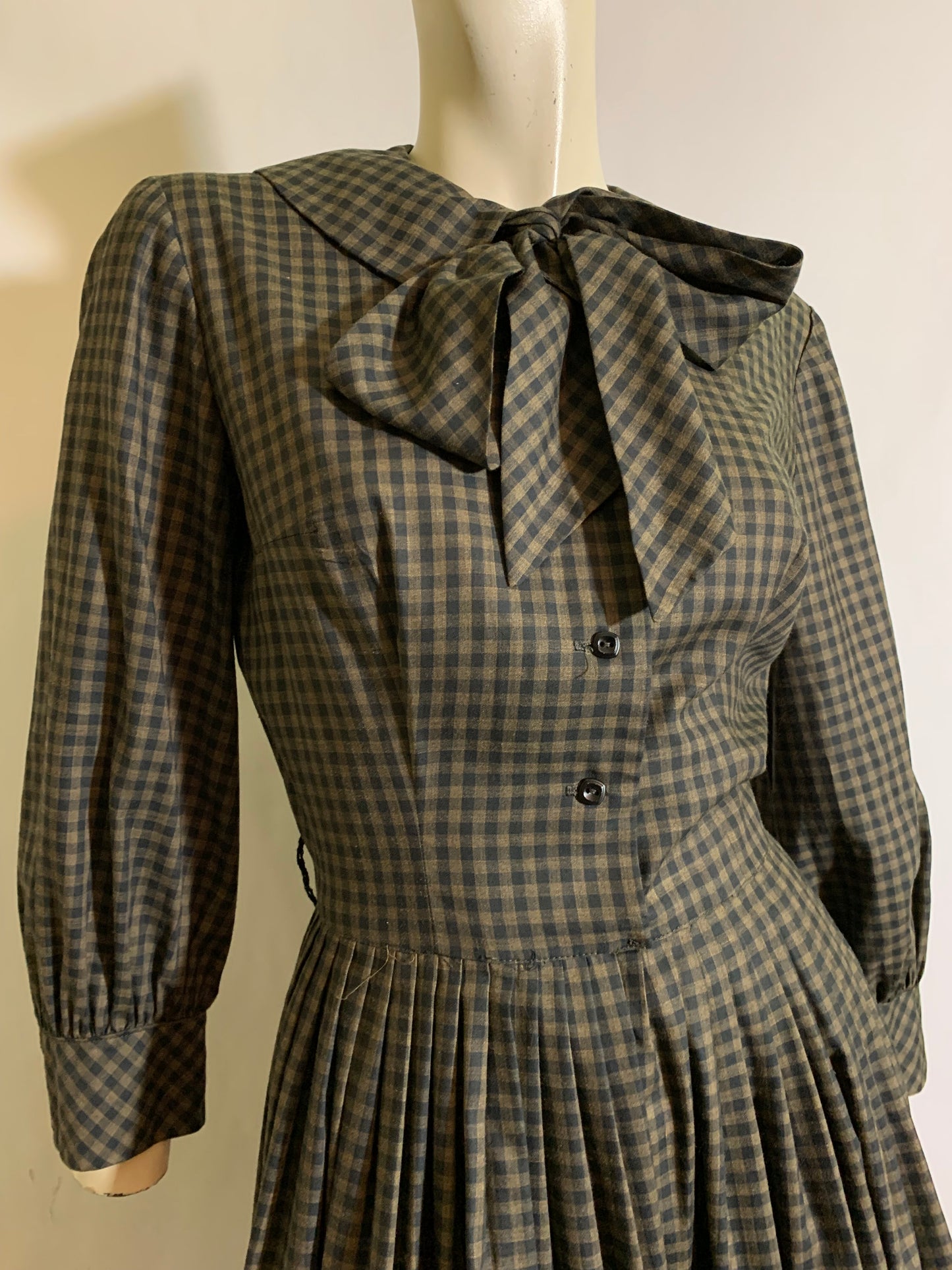 Blue and Tan Gingham Dress with Bow Collar and Full Skirt circa 1960s