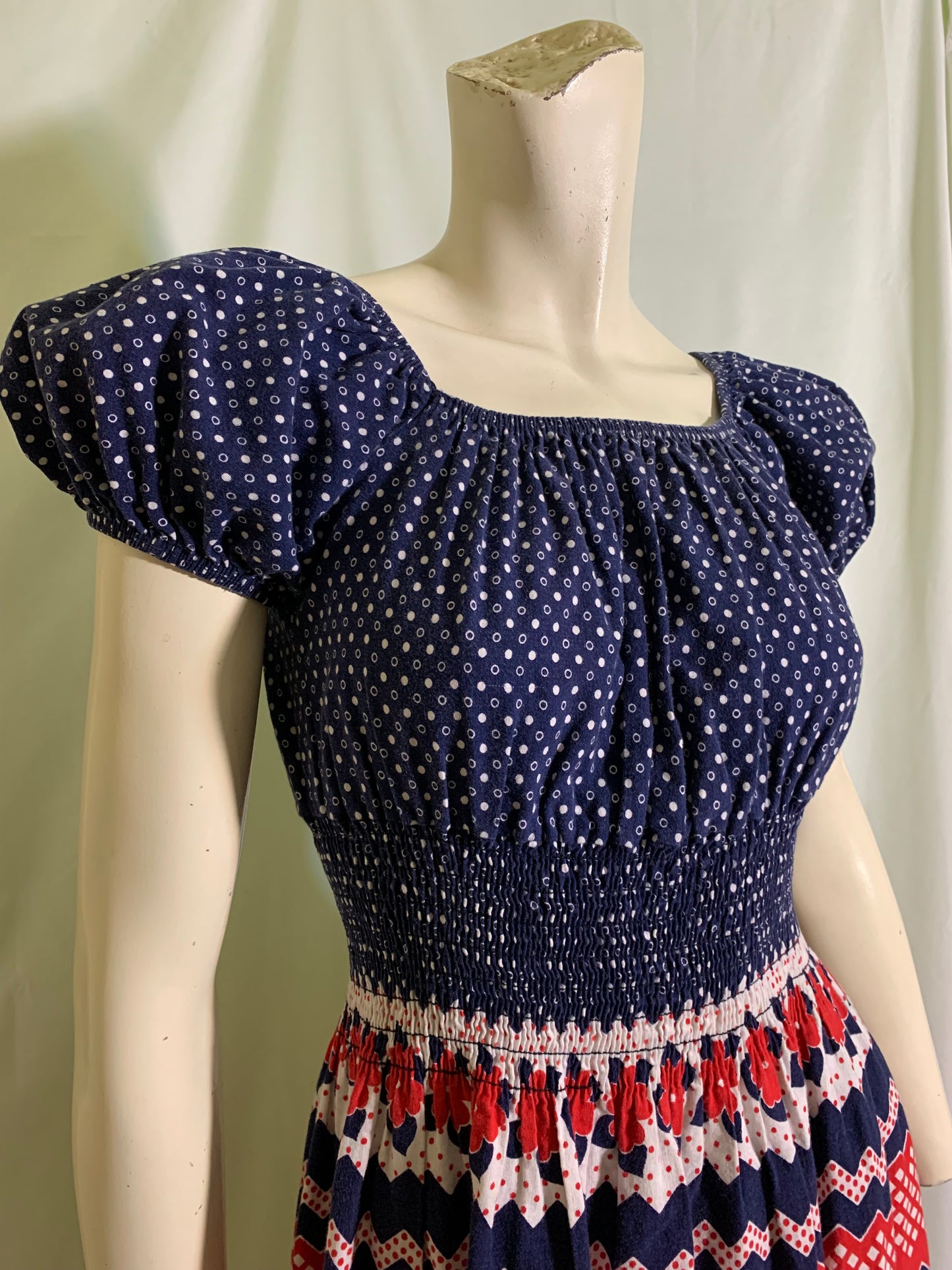 Perky Little Red White and Blue Smocked Bodice Mini Dress circa 1970s