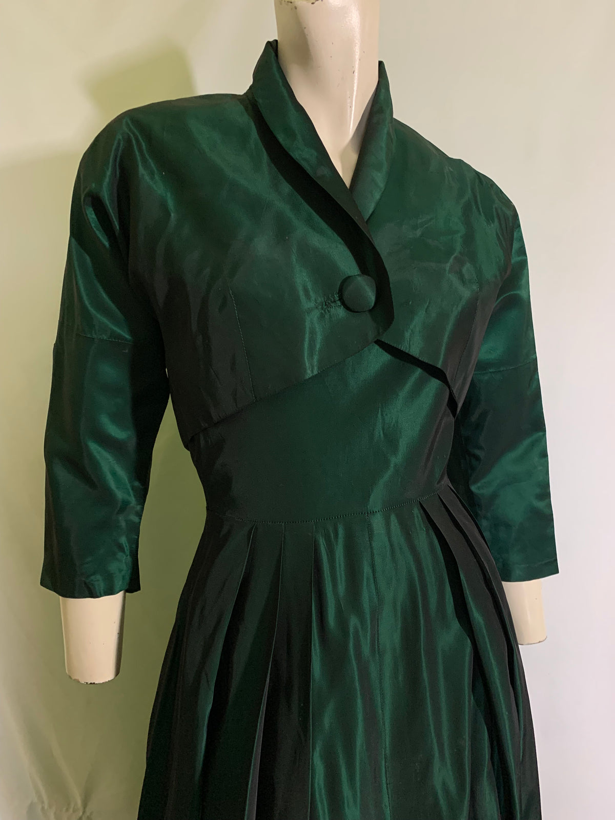 Shimmering Emerald Green Taffeta Party Dress with Bolero Jacket circa 1940s