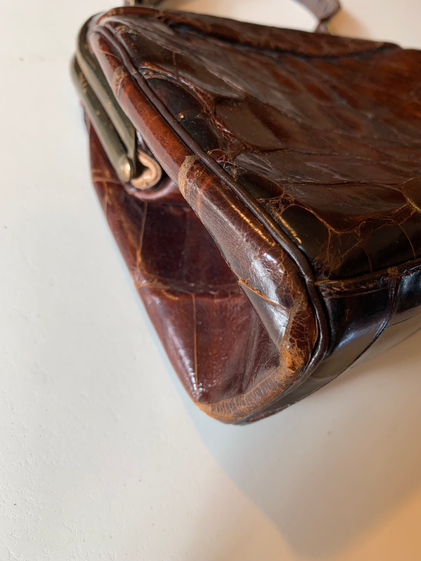 Chocolate Brown Alligator Kelly Style Handbag circa 1940s
