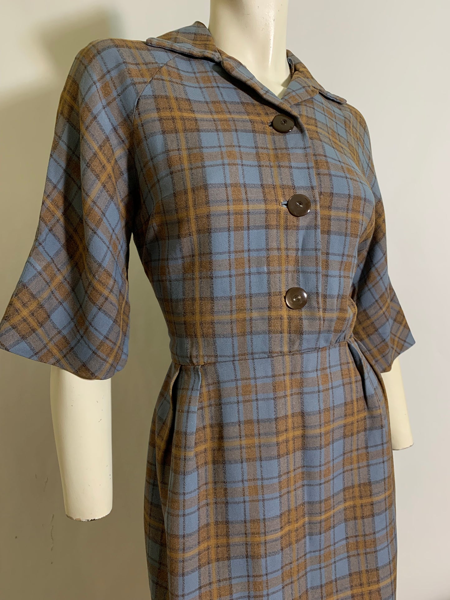 Chic Blue and Mocha Wool Plaid Shirtwaist Dress circa 1950s