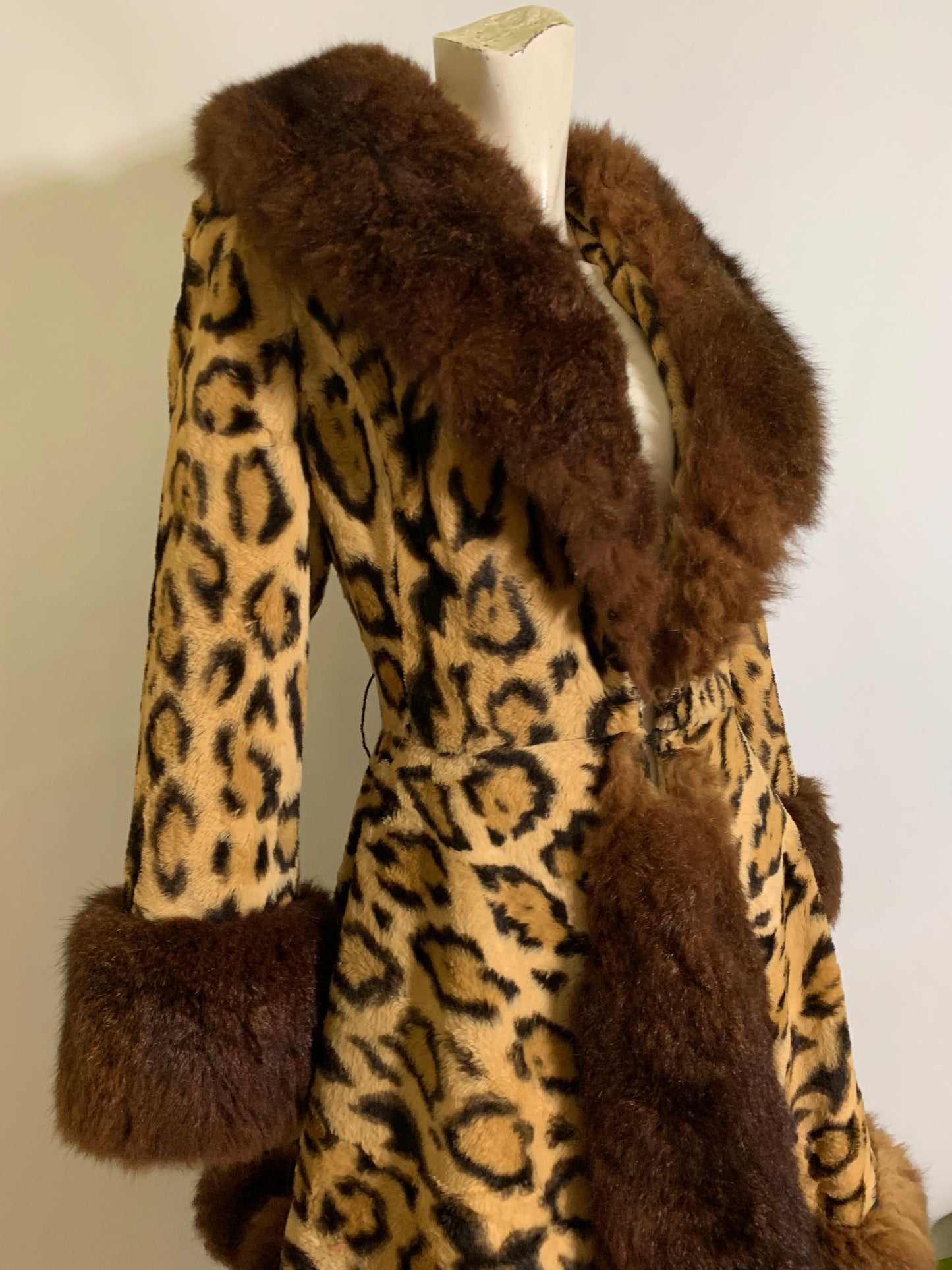 Incredible Leopard Print Faux Fur Nipped Waist Coat Full Skirt Fur Trim circa 1970s