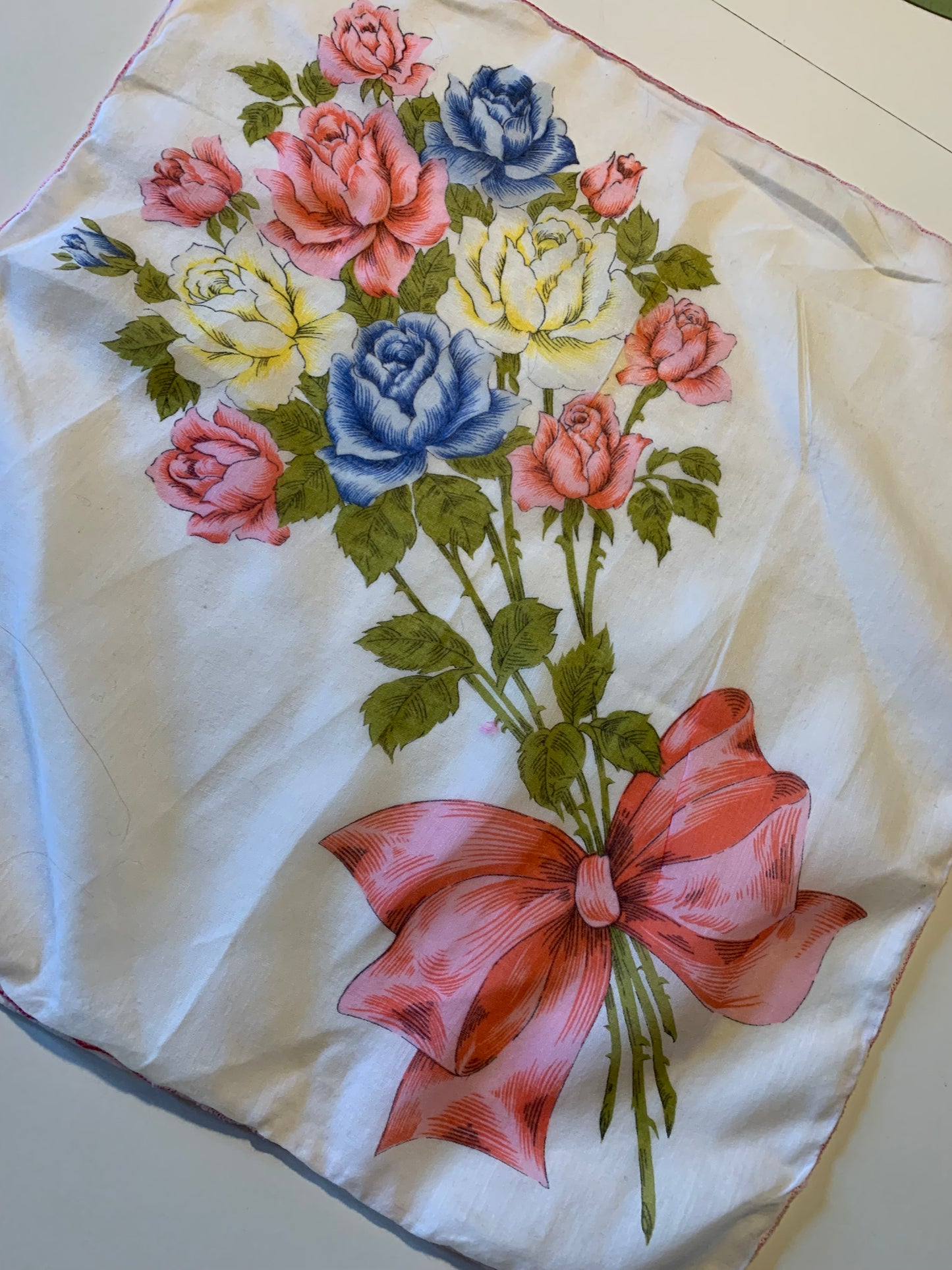 Pastel Roses Bouquet Print Handkerchief circa 1960s