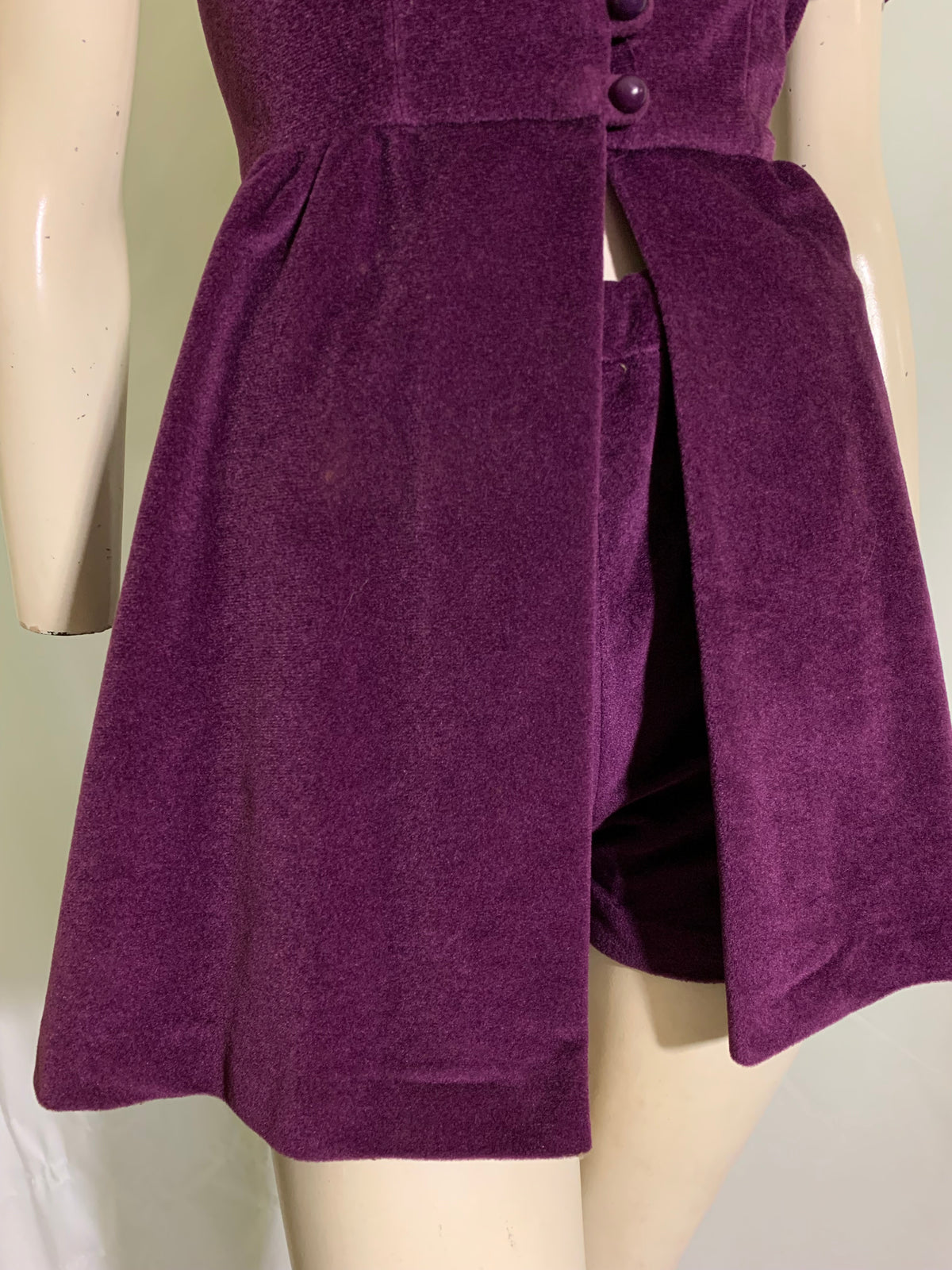 Aubergine Purple Velour Hot Pants and Split Front Mini Dress with Choker Collar circa 1970s