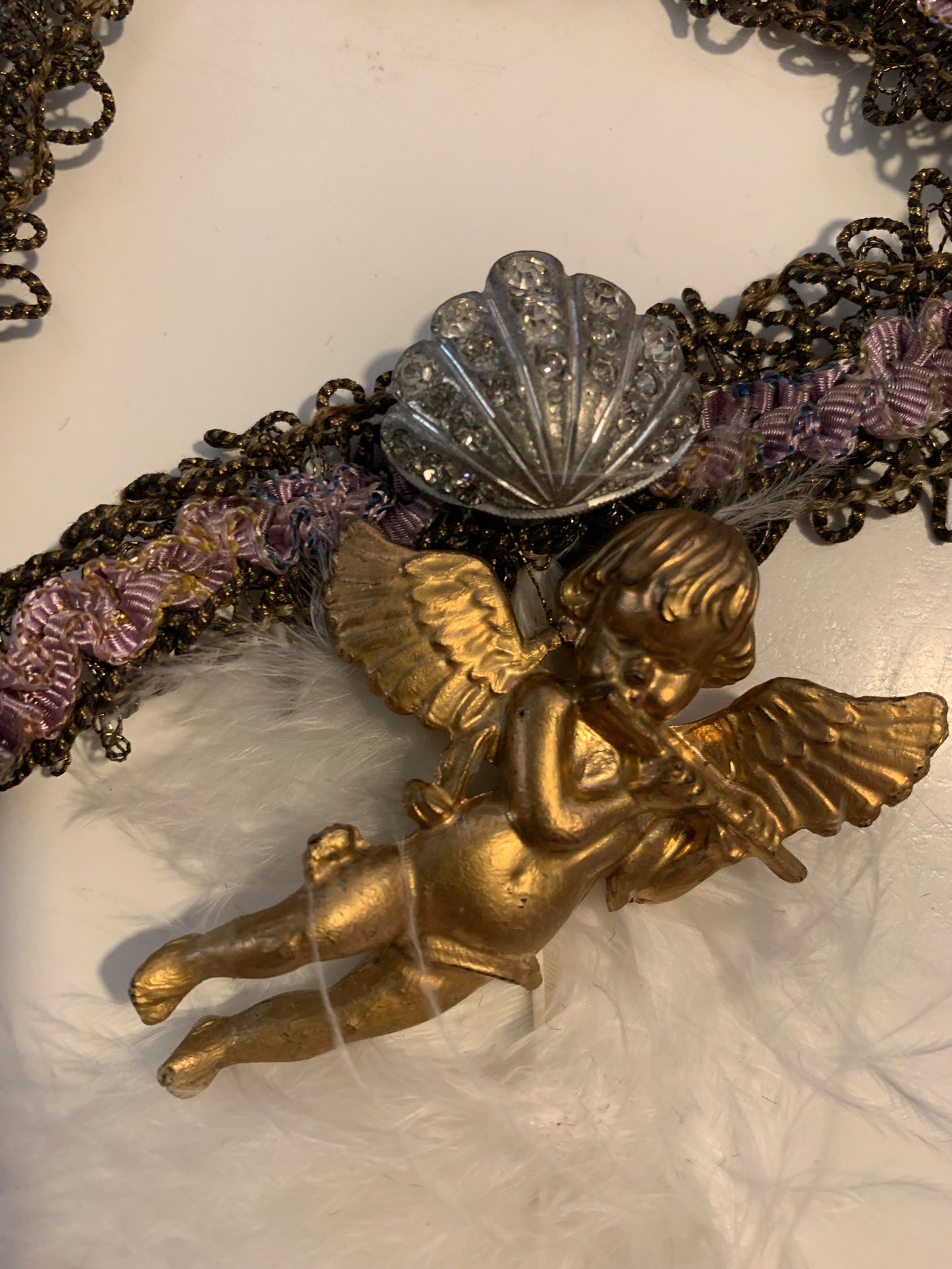 Magic Flute Reimagined Cherub Pendant Antique Ribbon Choker Necklace with Feather and Rhinestones
