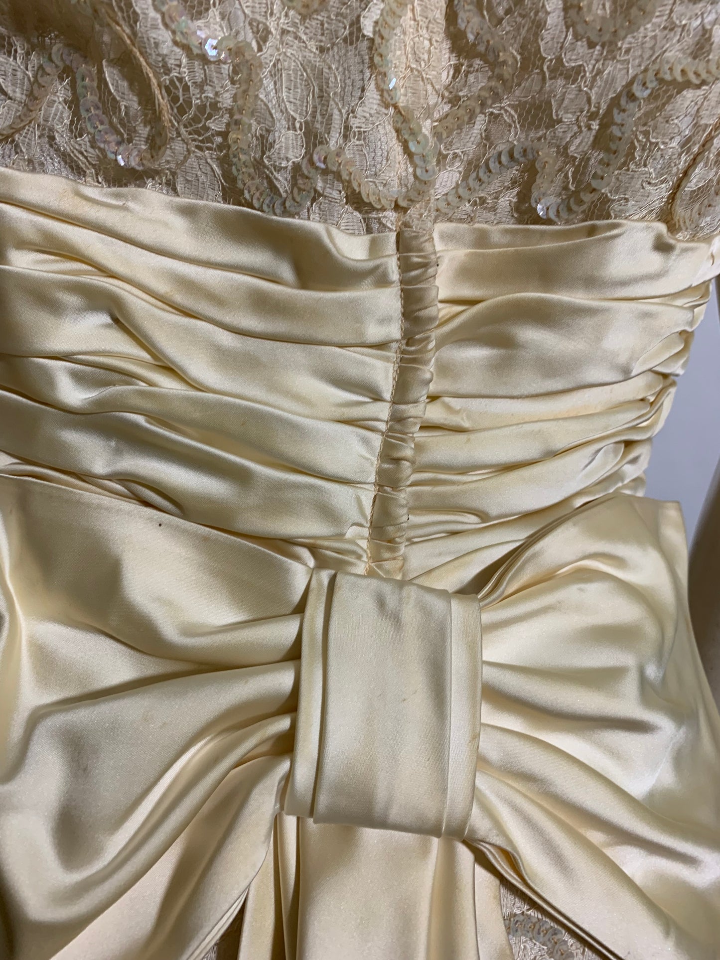 Pale Ivory Lace and Sequin Cocktail Dress with Satin Waist and Bow Back circa 1950s