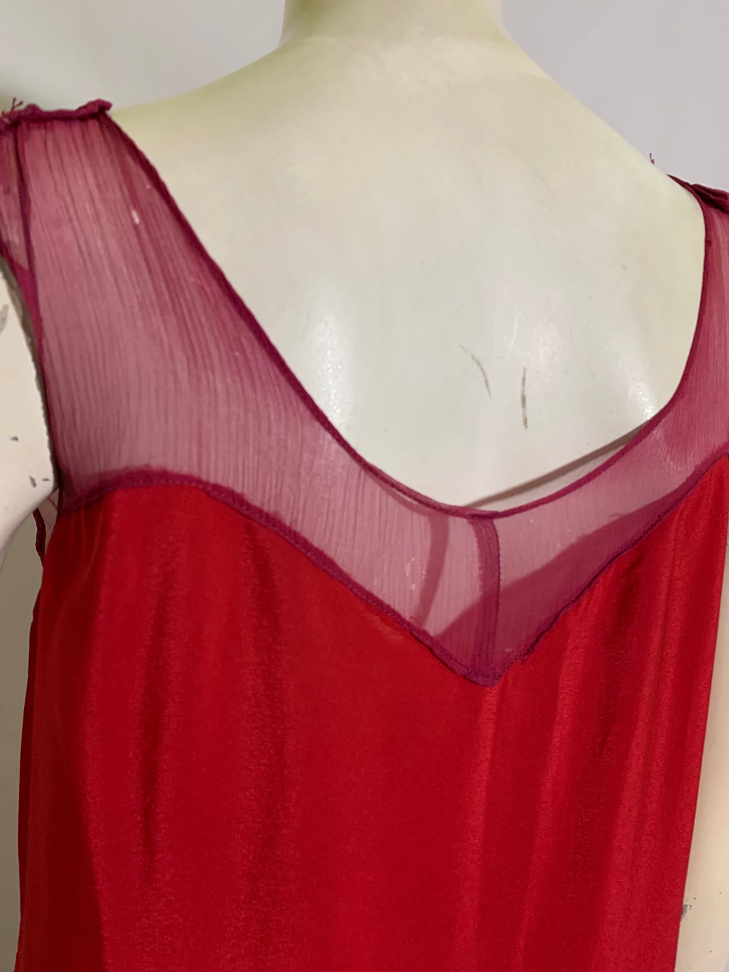 Rose Red Silk Slip Dress with Chiffon Neckline and Hem circa 1920s