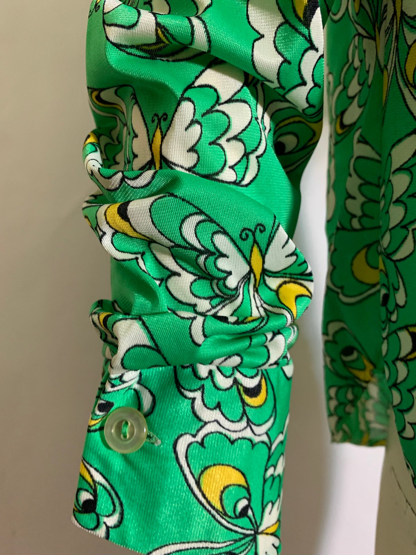 Green and Yellow Butterfly Print Jersey Poly Blouse Dagger Collar circa 1970s