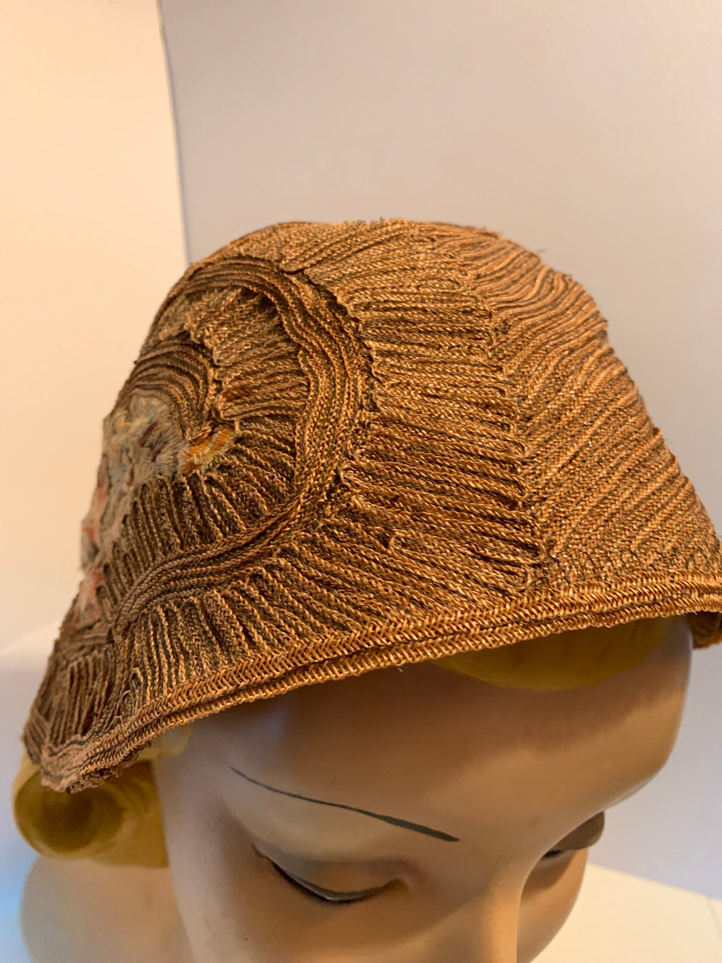 Pastel Flower Embroidered Natural Sisal Cloche Hat circa 1920s