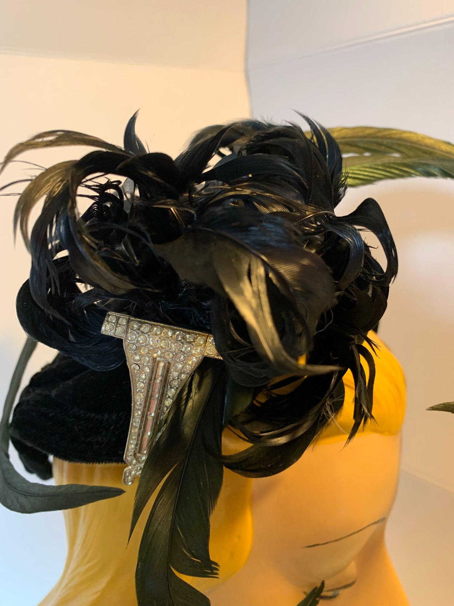 Demi Goddess Reimagined Velvet Cocktail Hat with Iridescent and Black Feathers Rhinestone Accent