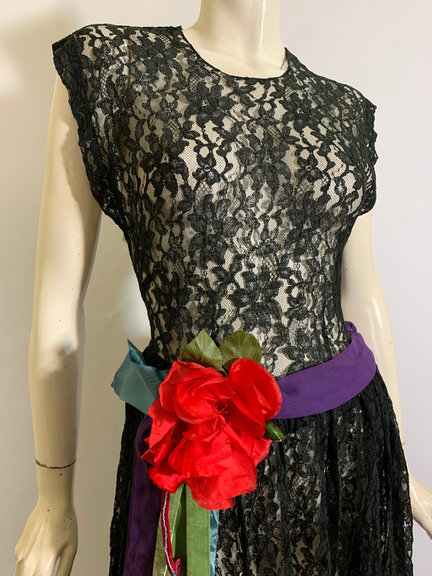 Ebony Black Lace Sheer Dress with Ribbons and Flowers circa 1940s
