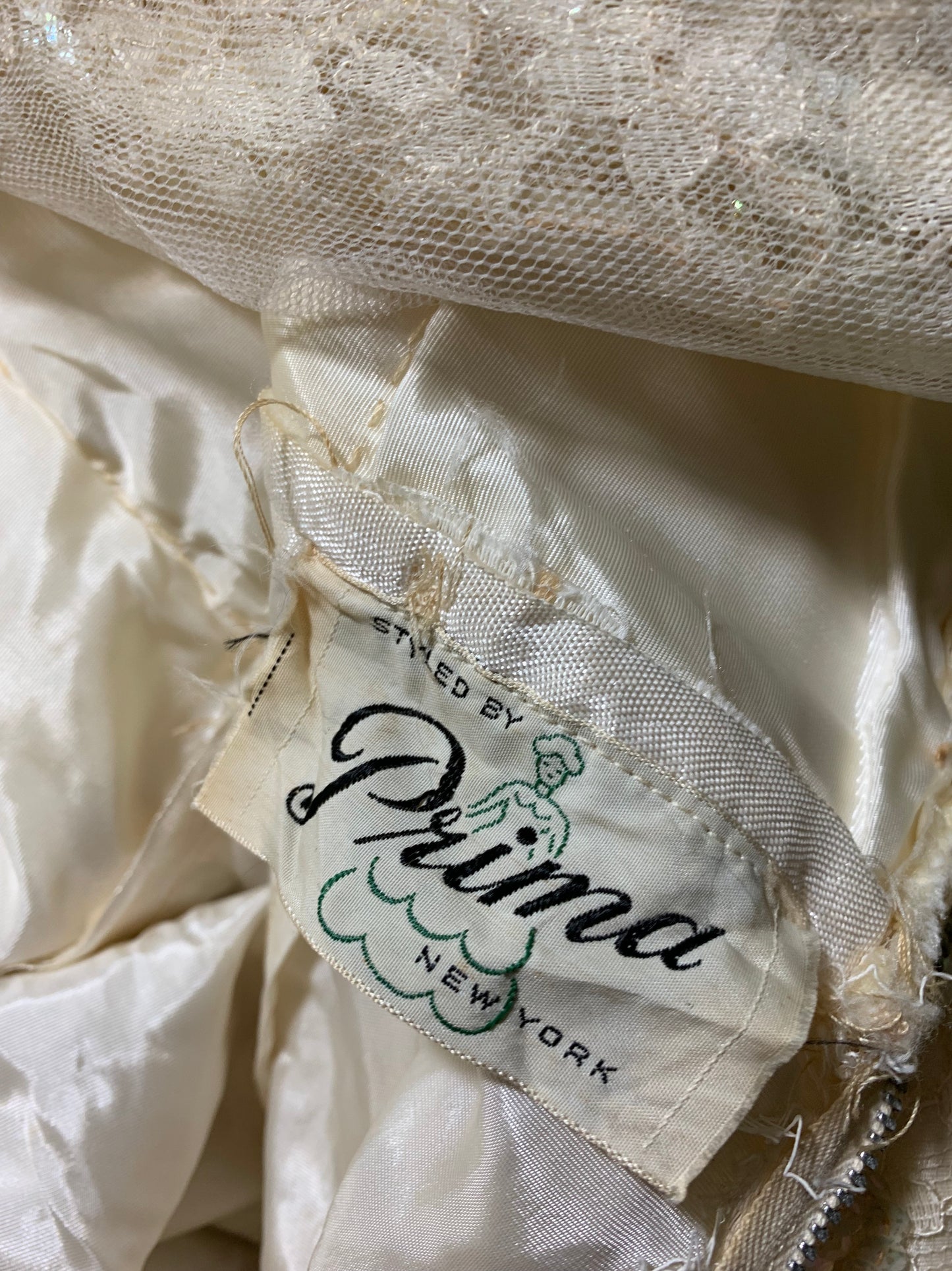 Pale Ivory Lace and Sequin Cocktail Dress with Satin Waist and Bow Back circa 1950s