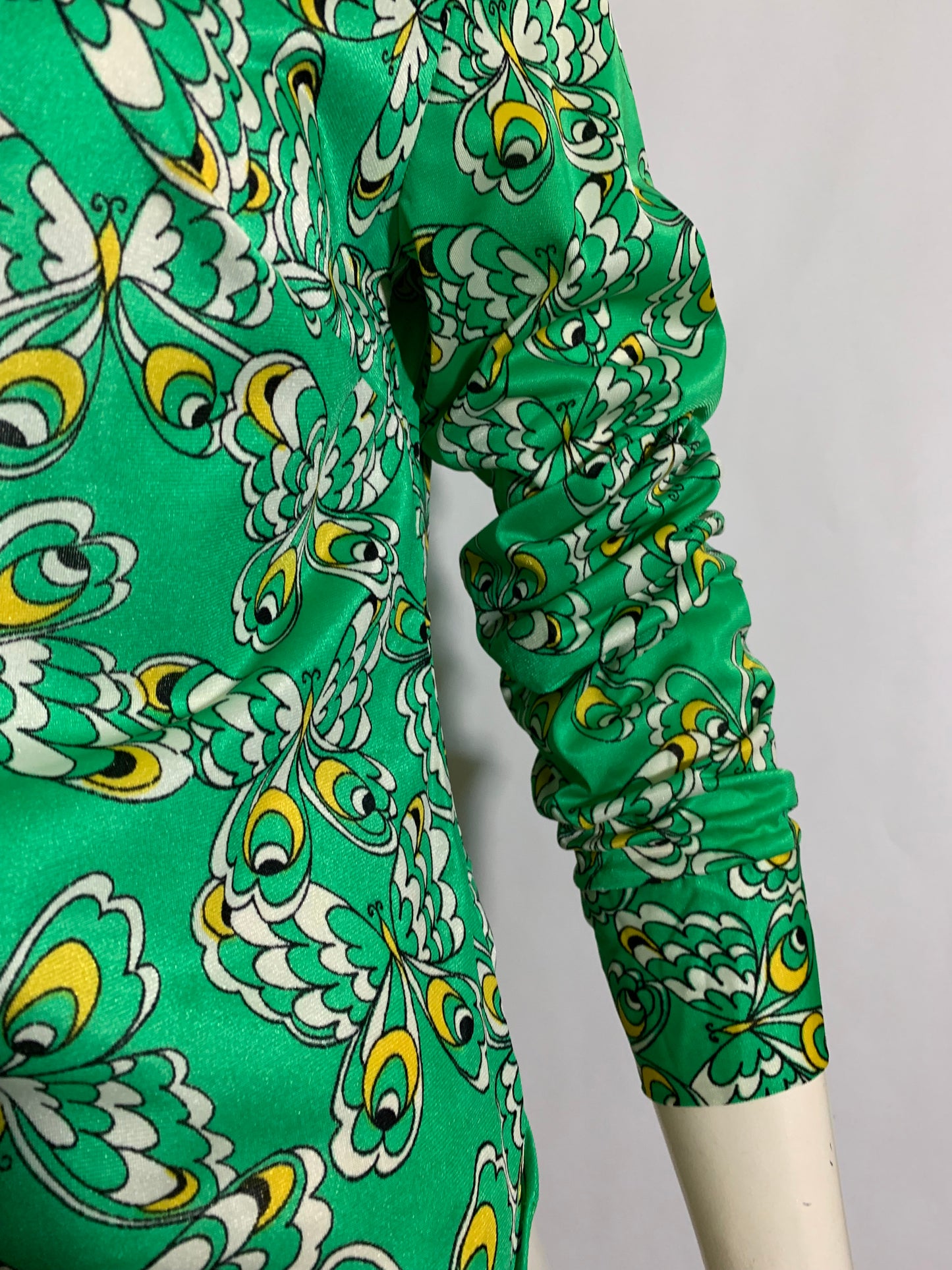 Green and Yellow Butterfly Print Jersey Poly Blouse Dagger Collar circa 1970s
