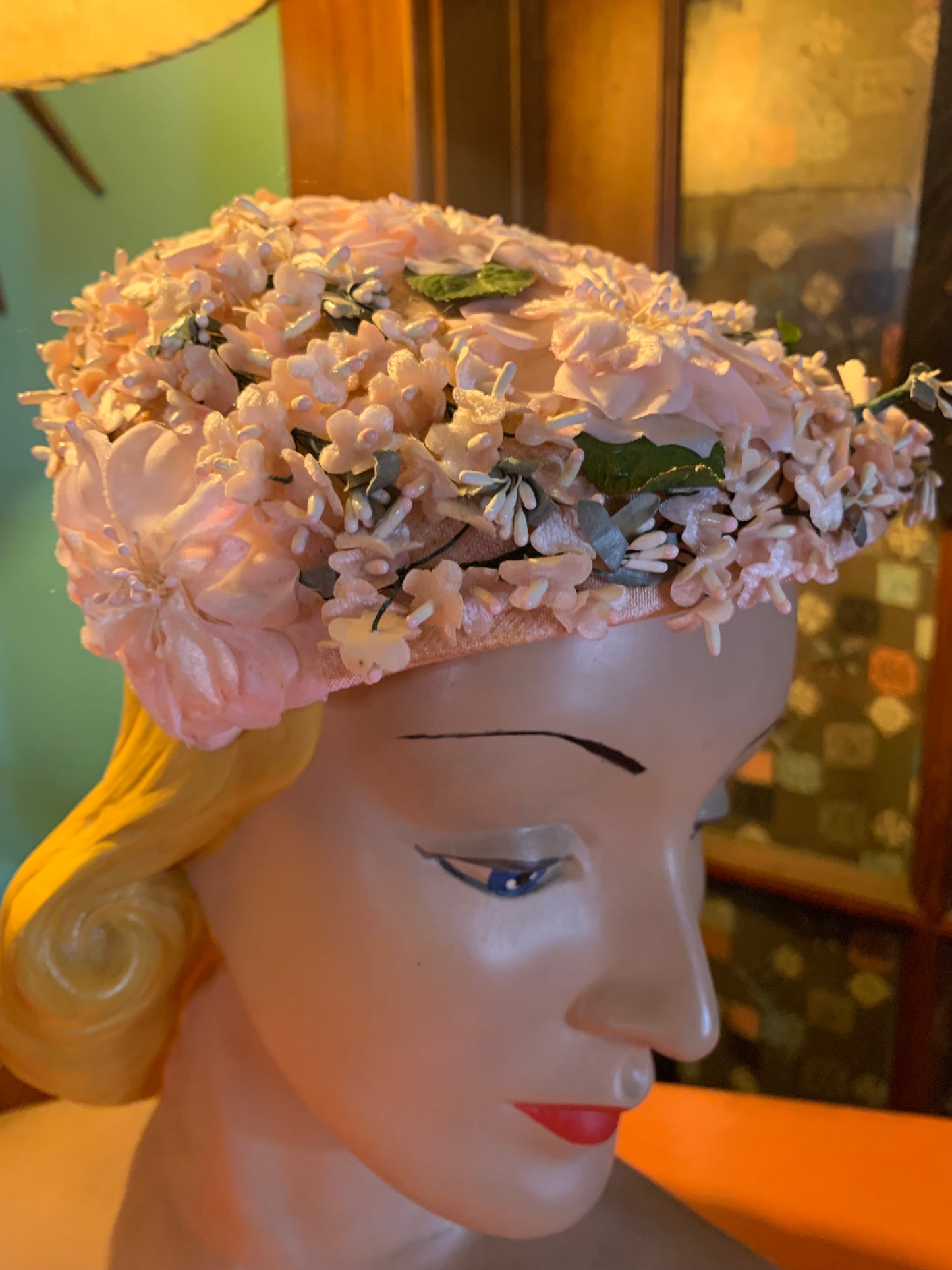 Dainty Pink Silk Flower Trimmed Sculpted Cocktail Hat circa 1950s