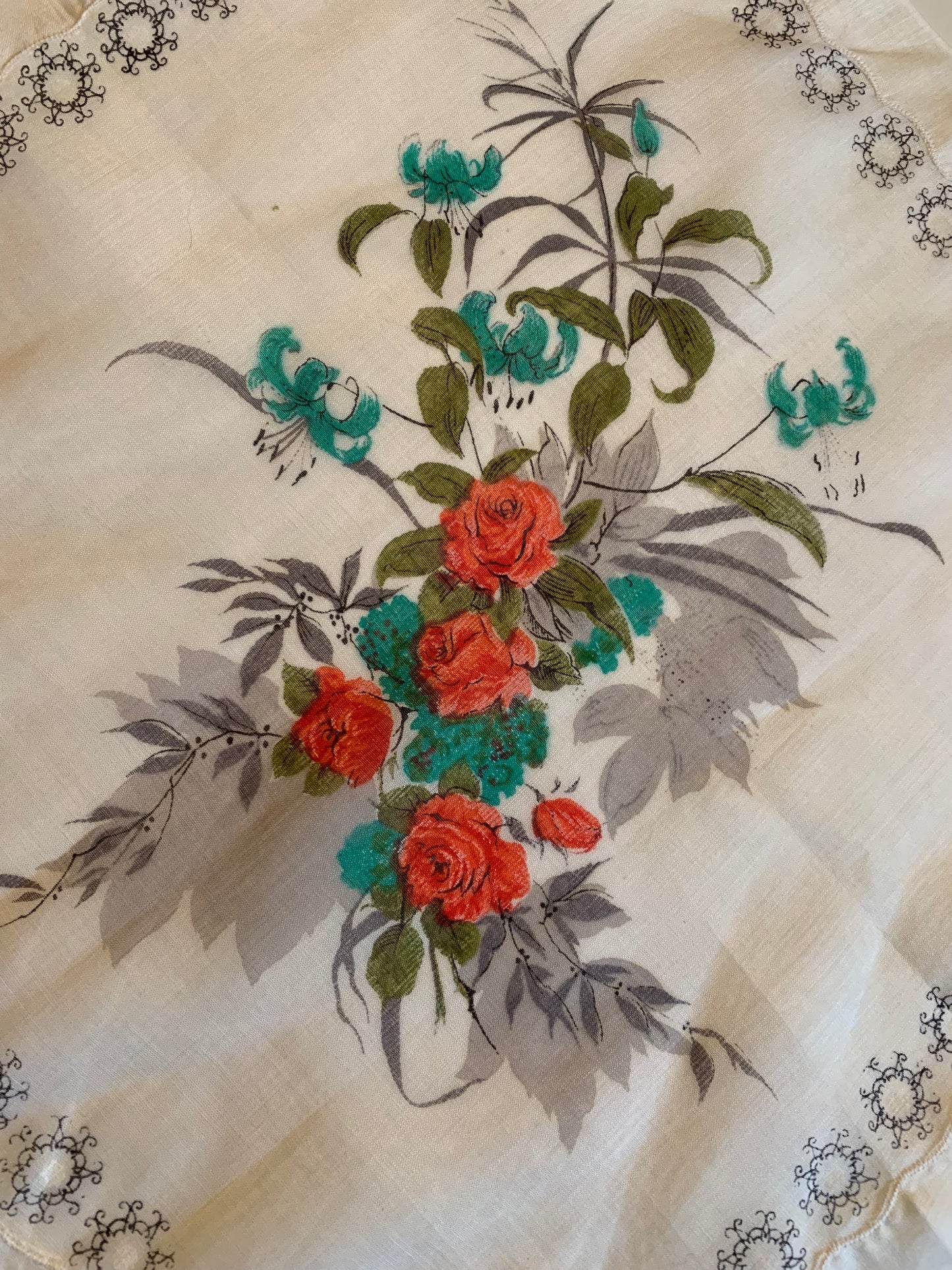 Hand Painted Lilies and Roses Floral Print Handkerchief circa 1950s