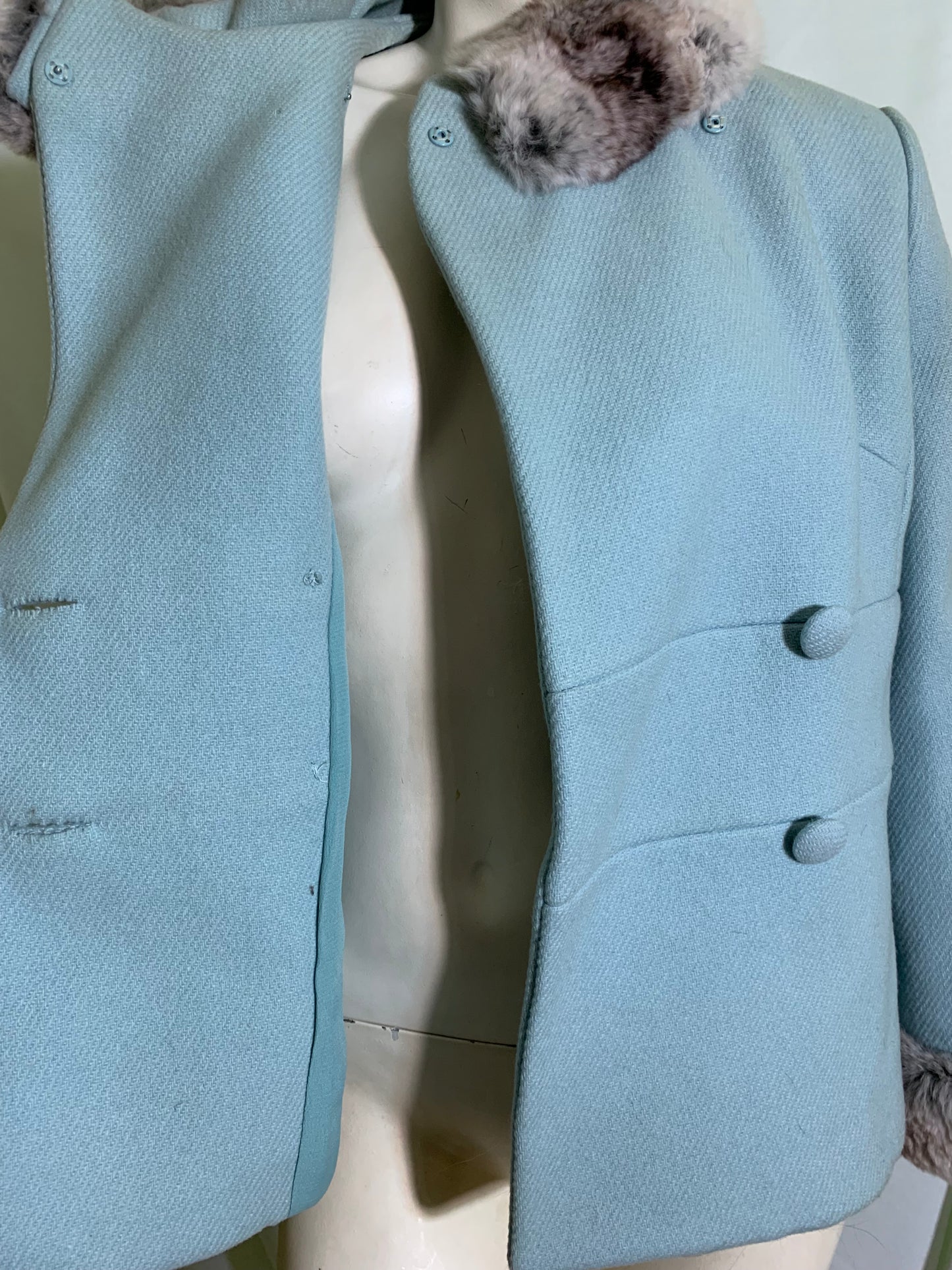 Robin's Egg Blue Wool Boxy Cut Jacket Chinchilla Fur Collar and Cuffs circa 1960s