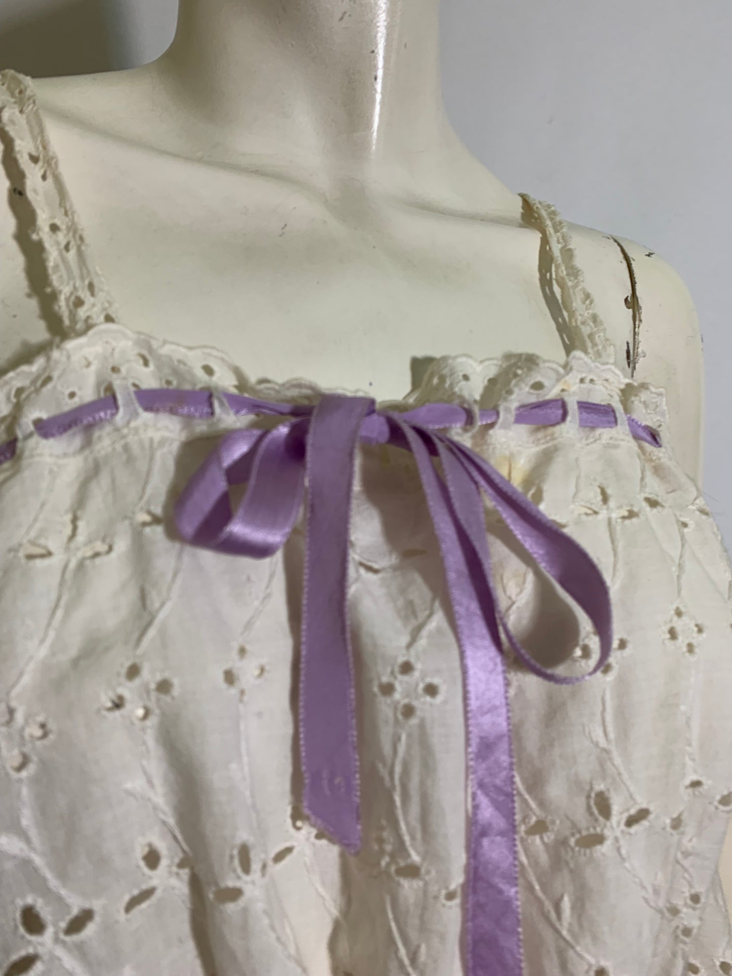 White Eyelet Cotton Bodice Cover Camisole with Lavender Ribbon circa 1910s