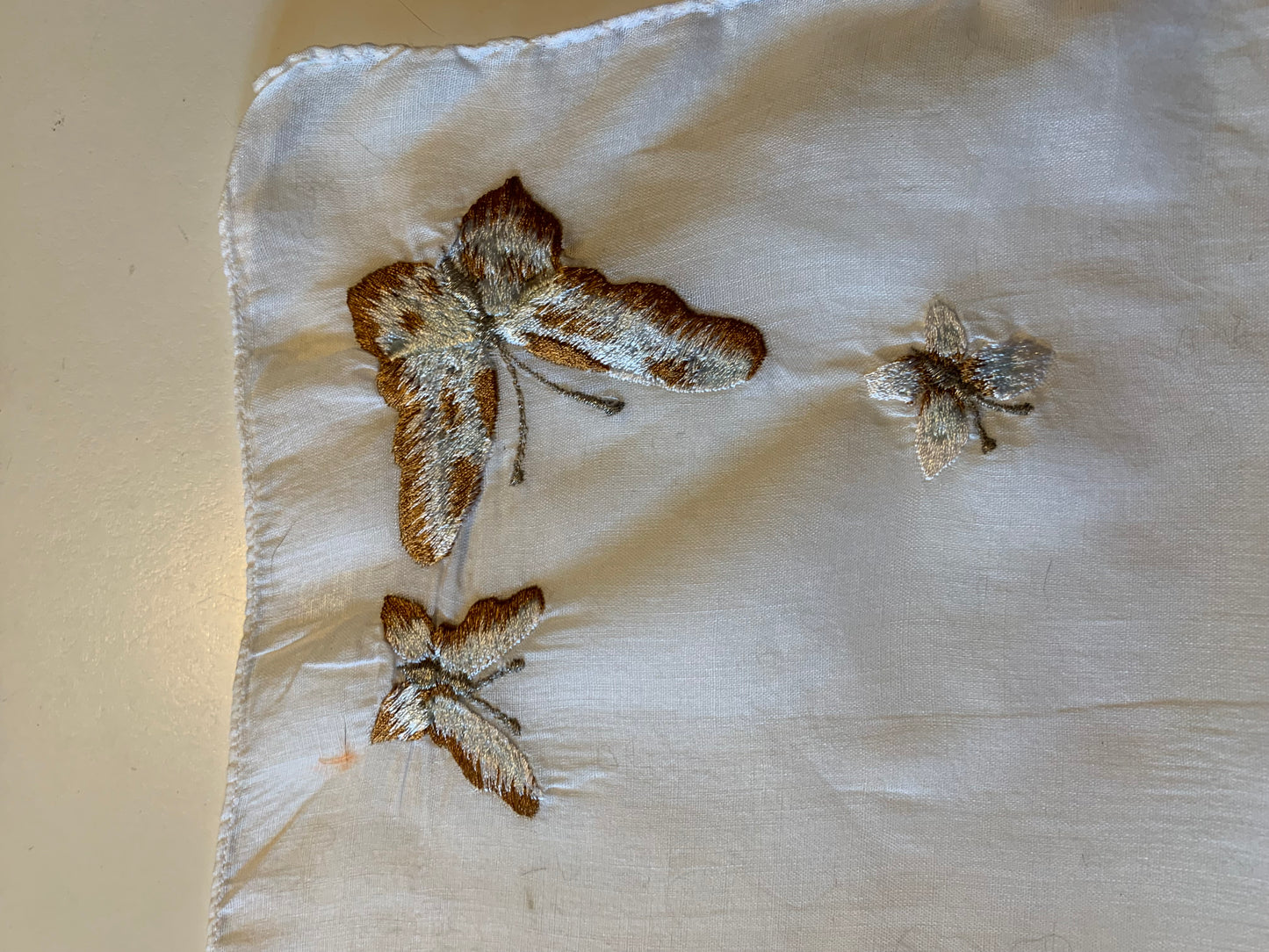 White Cotton Handkerchief with Brown Embroidered Butterflies circa 1960s