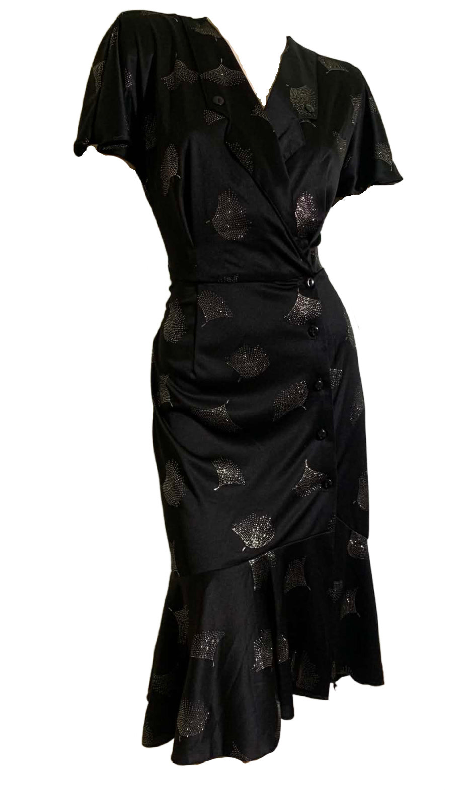 Black Nylon Slinky Disco Dress with Silver Art Deco Design circa 1980s