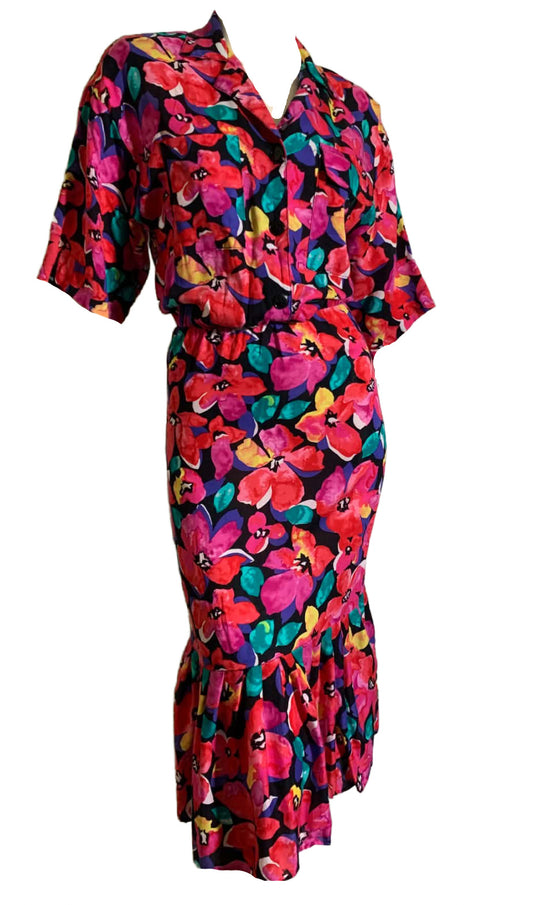 Vivid Floral Print Dress with Mermaid Hem circa 1980s