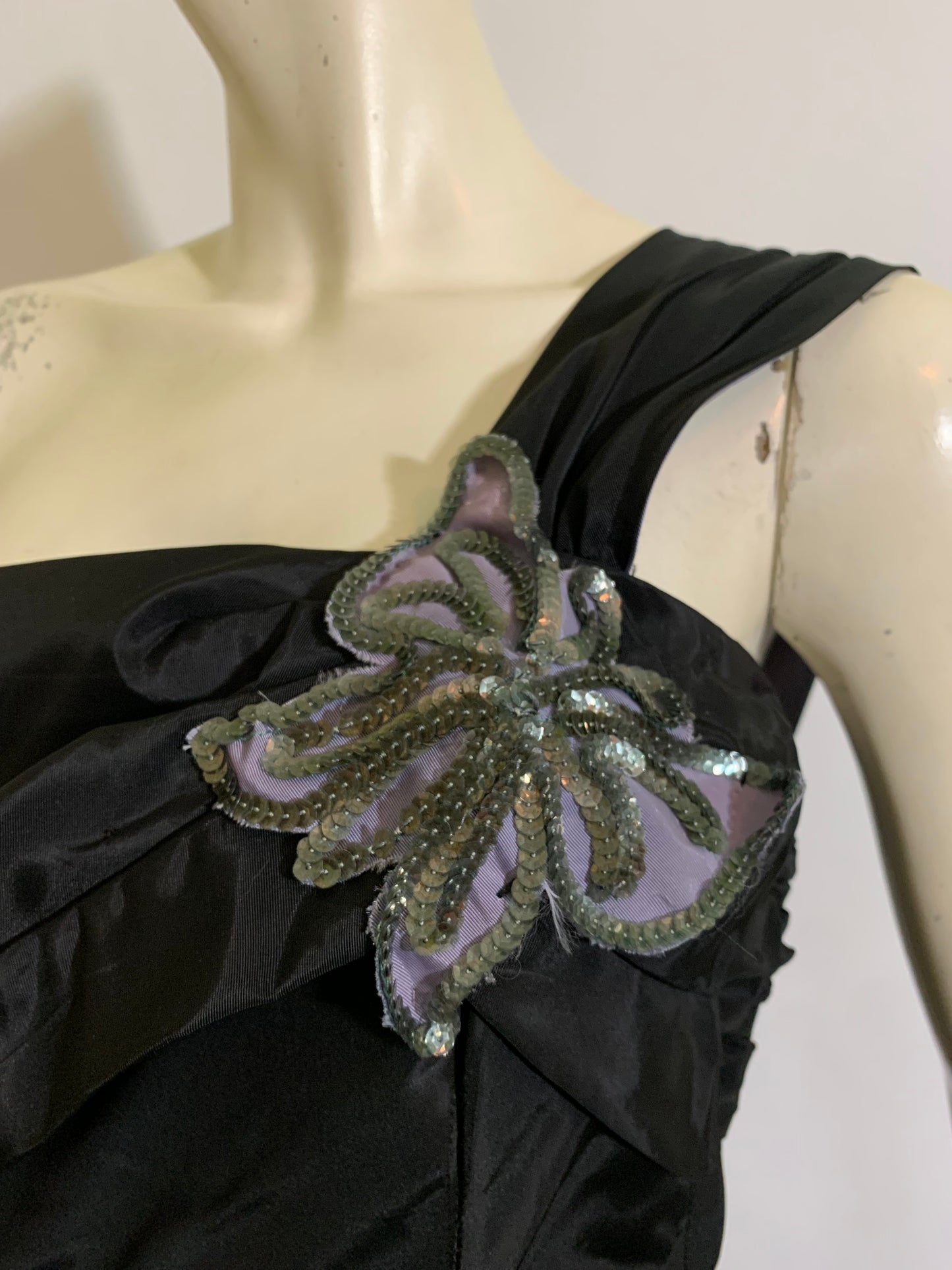 One Shoulder Black Taffeta Dress with Pale Blue Sequined Butterflies and Bow Back circa 1940s