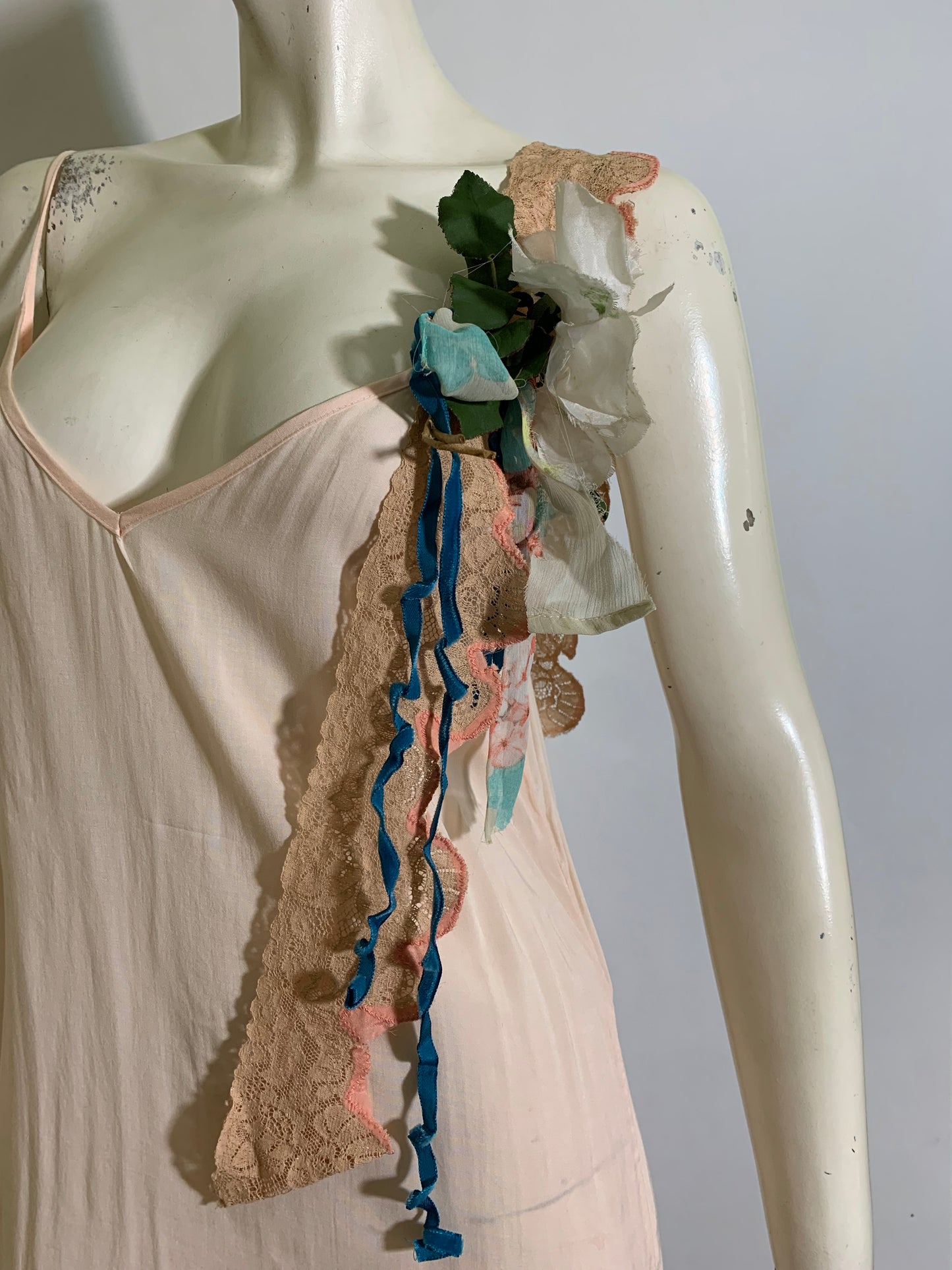 Pageant Girl Peach Reimagined Cotton Slip Dress with Vintage Millinery, Lace and Ribbons