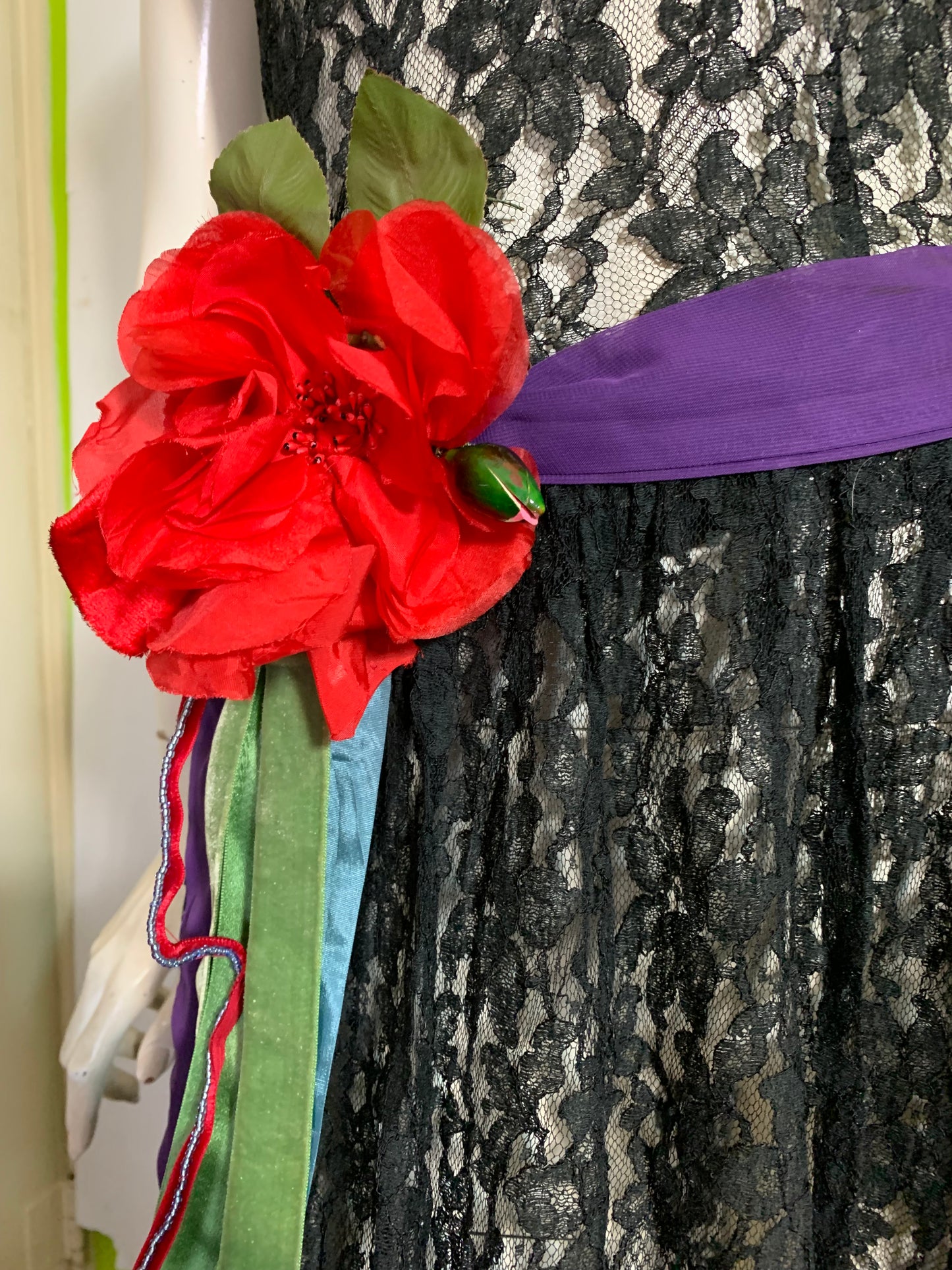 Ebony Black Lace Sheer Dress with Ribbons and Flowers circa 1940s