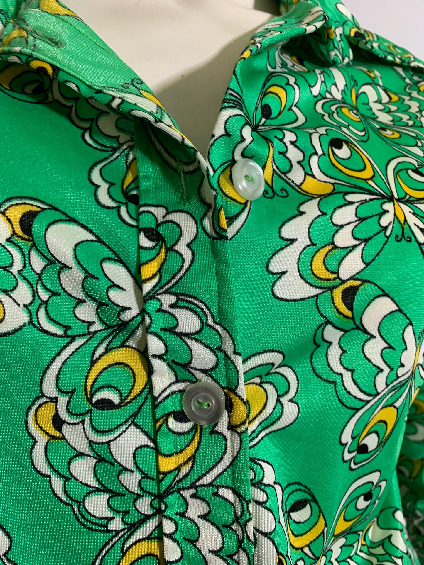 Green and Yellow Butterfly Print Jersey Poly Blouse Dagger Collar circa 1970s